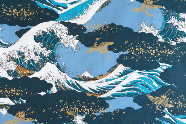 Japanese Fabric Tsuru in Wild Seas - D metallic gold - 50cm