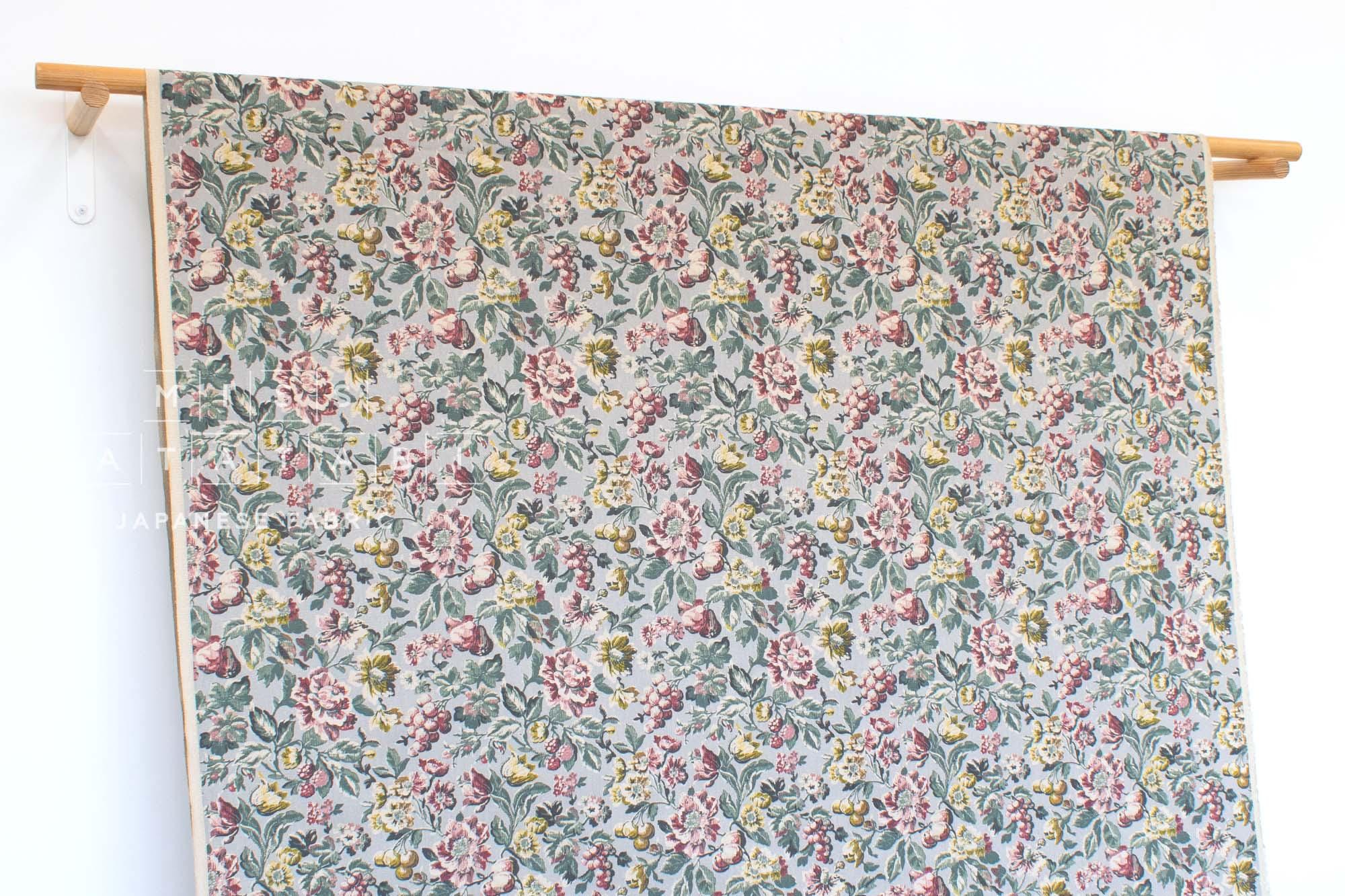 DEADSTOCK Japanese Fabric Herringbone Antique Floral - grey - 50cm