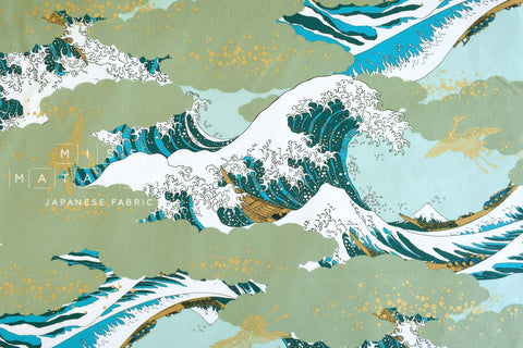 Japanese Fabric Tsuru in Wild Seas - A metallic gold - 50cm