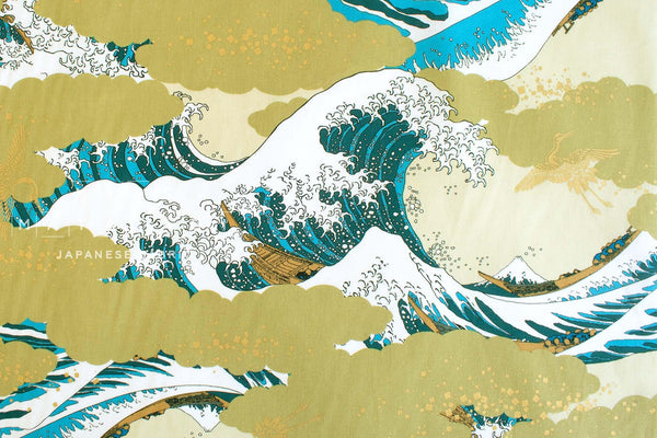 Japanese Fabric Tsuru in Wild Seas - B metallic gold - 50cm