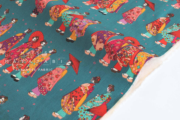 Japanese Fabric Little Maiko Border - teal - 60cm