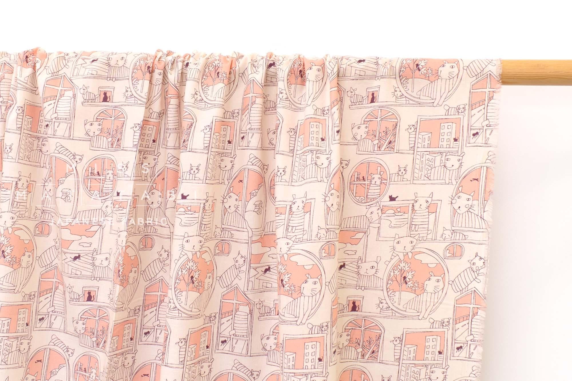 Japanese Fabric Sad Cats in the Window - peach pink - 50cm