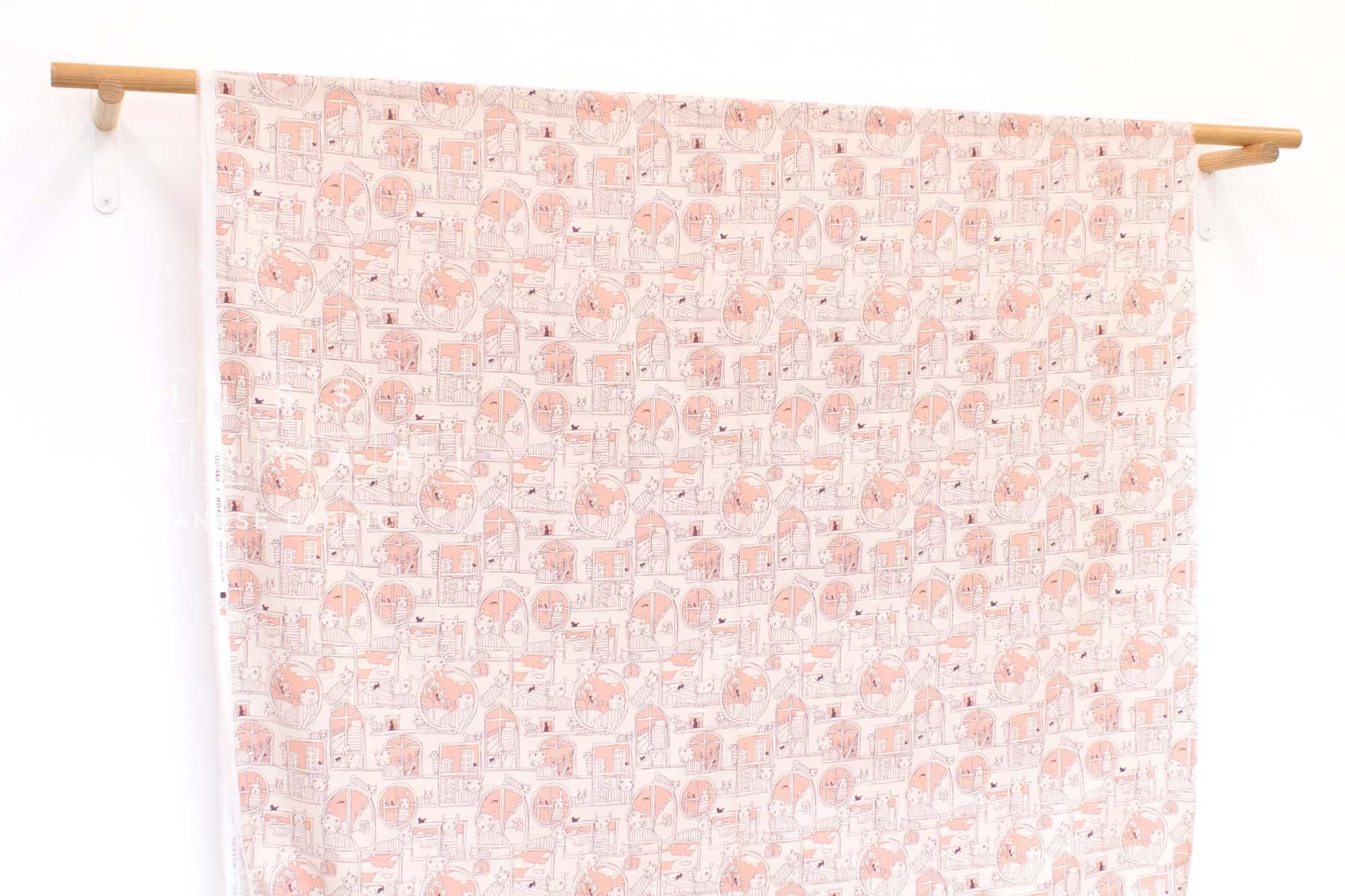 Japanese Fabric Sad Cats in the Window - peach pink - 50cm
