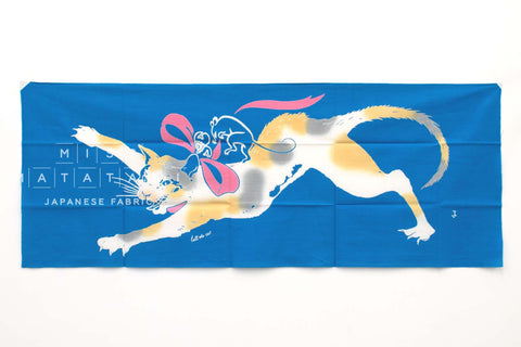 Shokunin Collection Hand-printed Chusen Japanese Tenugui Fabric - Bell the Cat - blue, pink - panel