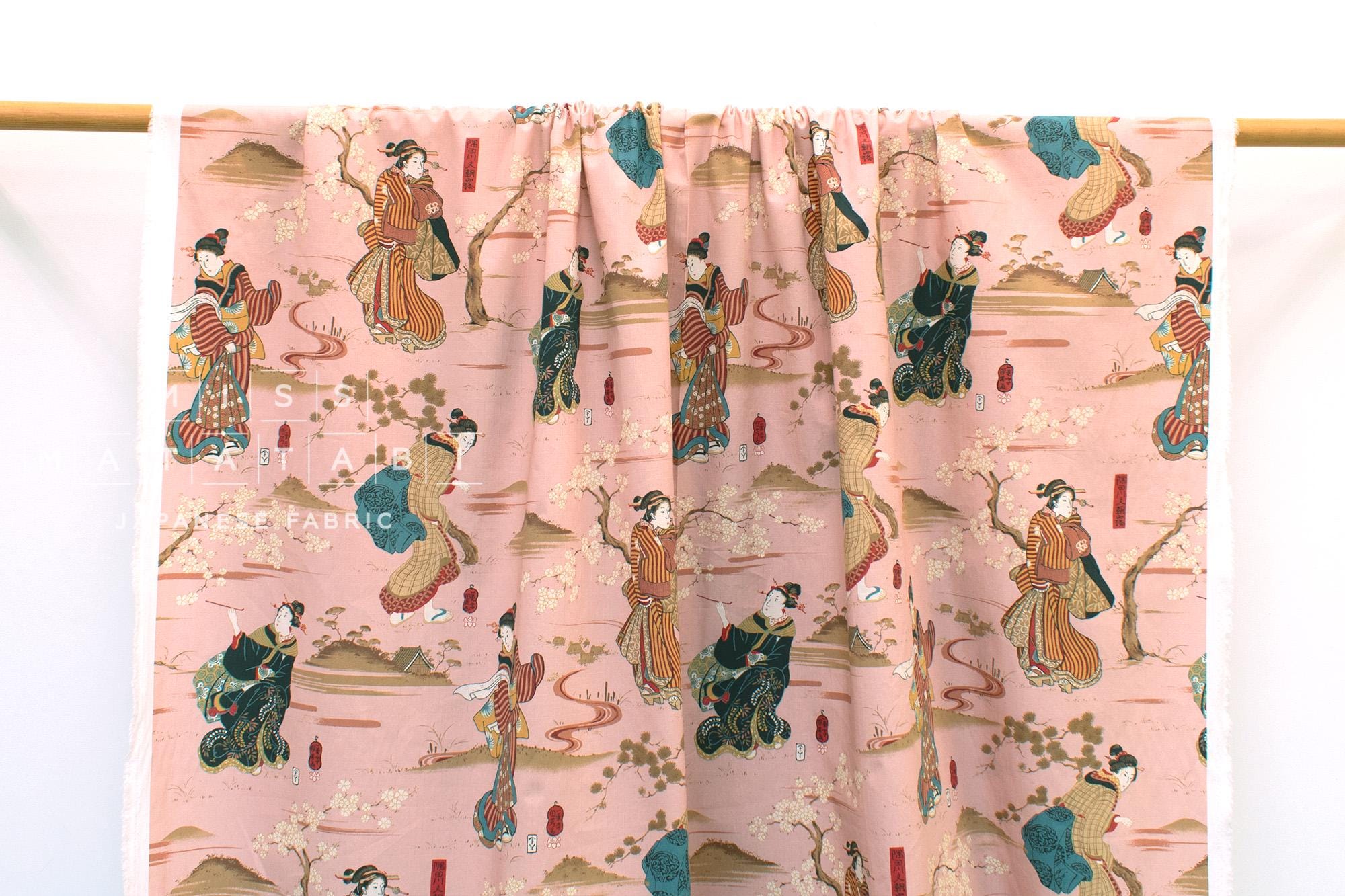 Japanese Fabric Utagawa Kuniyoshi Sumidagawa no Asagiri - pink - 50cm
