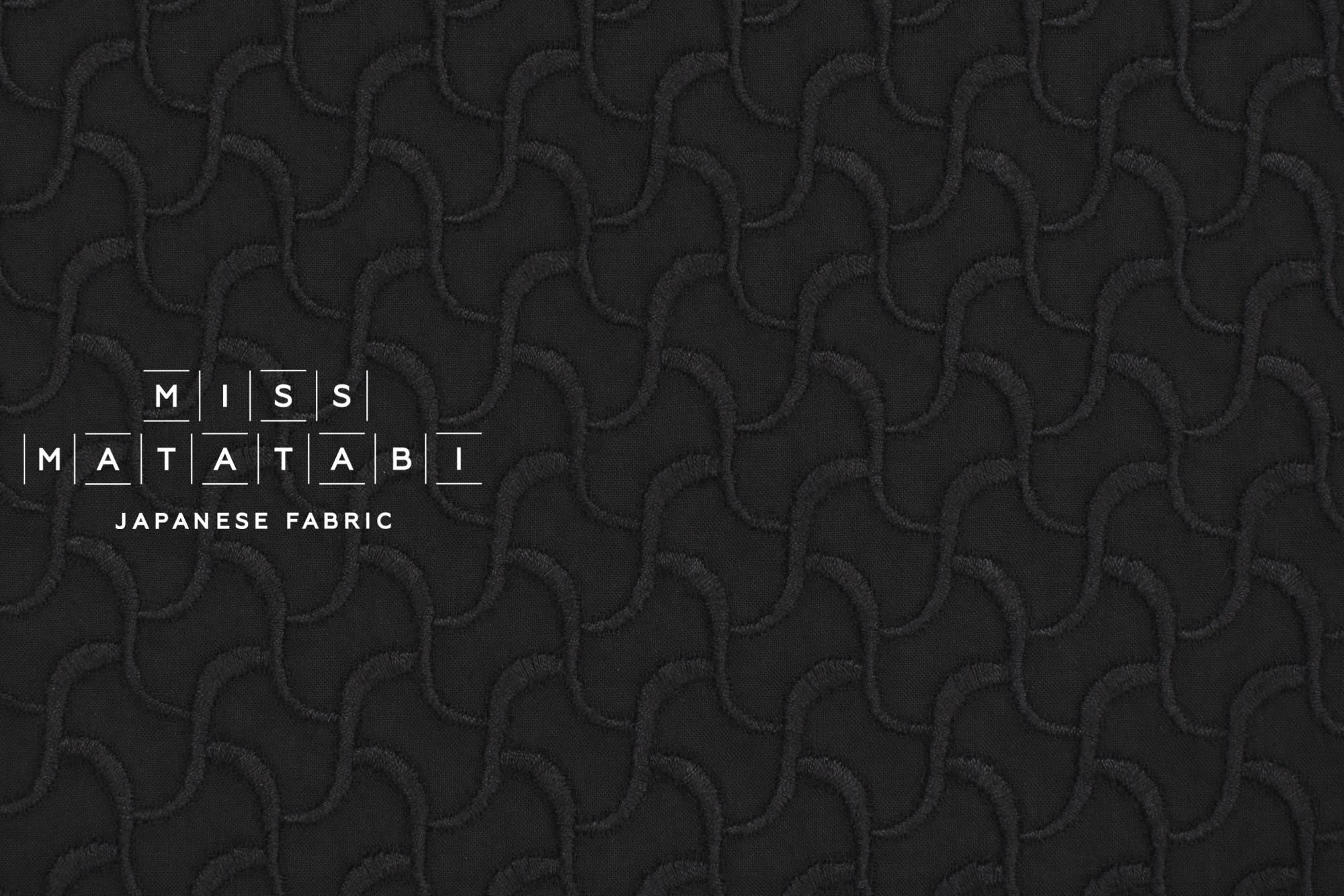 Japanese Fabric Embroidered Cotton Lawn - waves - black - 50cm