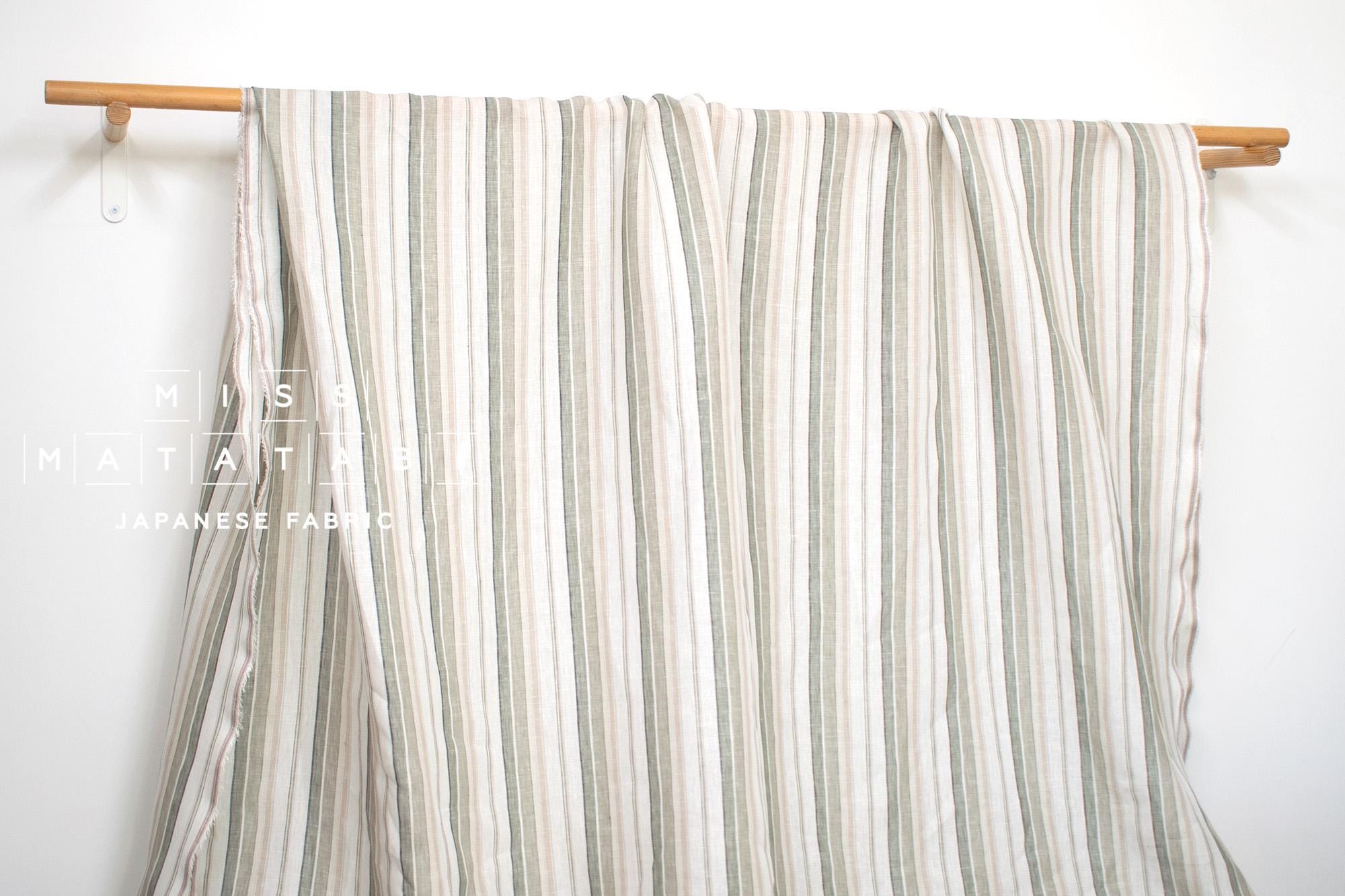DEADSTOCK Japanese Fabric 100% Linen Stripes - grey, cream, beige - 50cm
