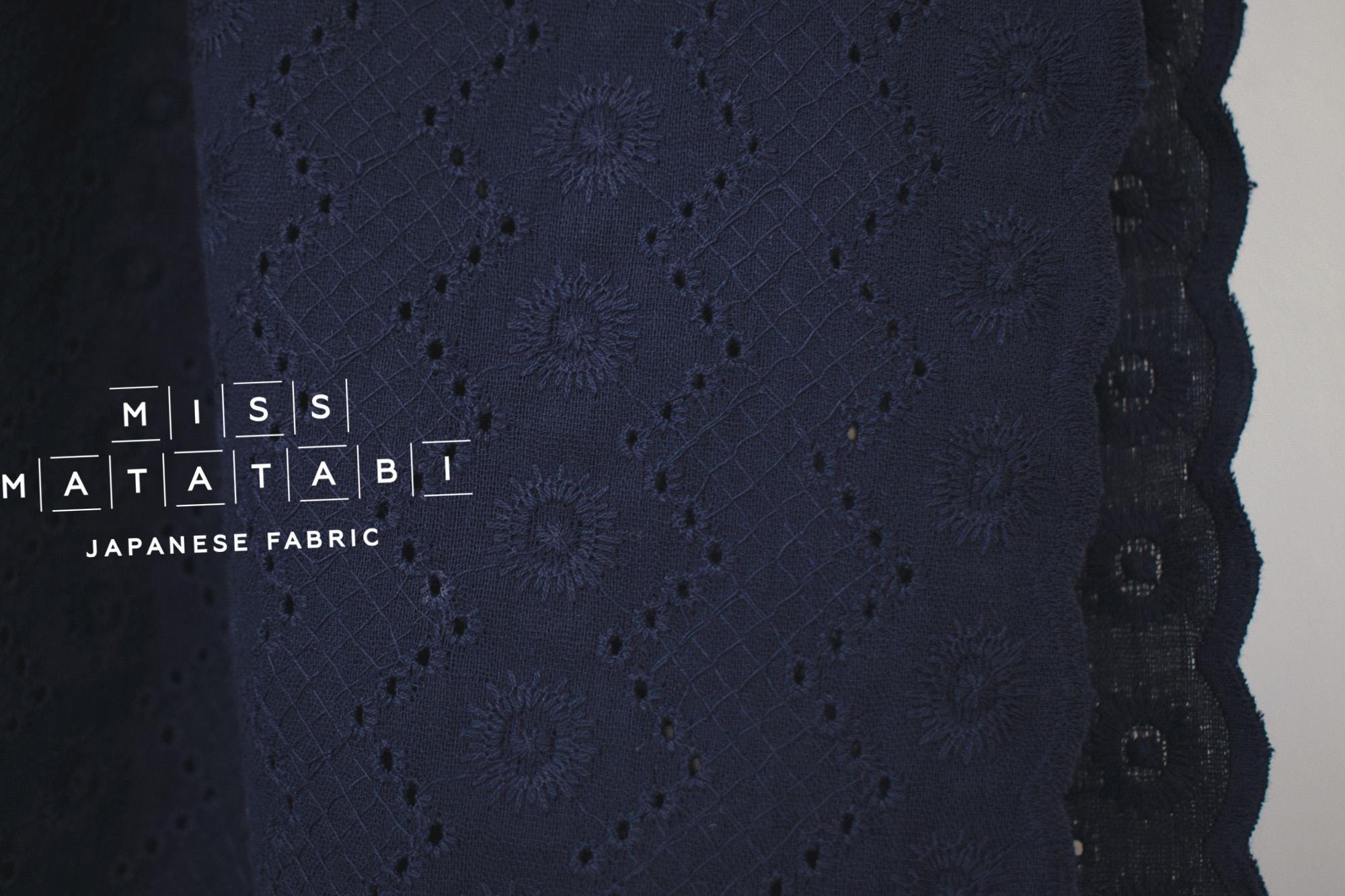 DEADSTOCK Japanese Fabric Embroidered Cotton Double Gauze - navy blue - 50cm