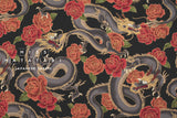 Japanese Fabric Traditional Dragon - black, metallic gold - 50cm