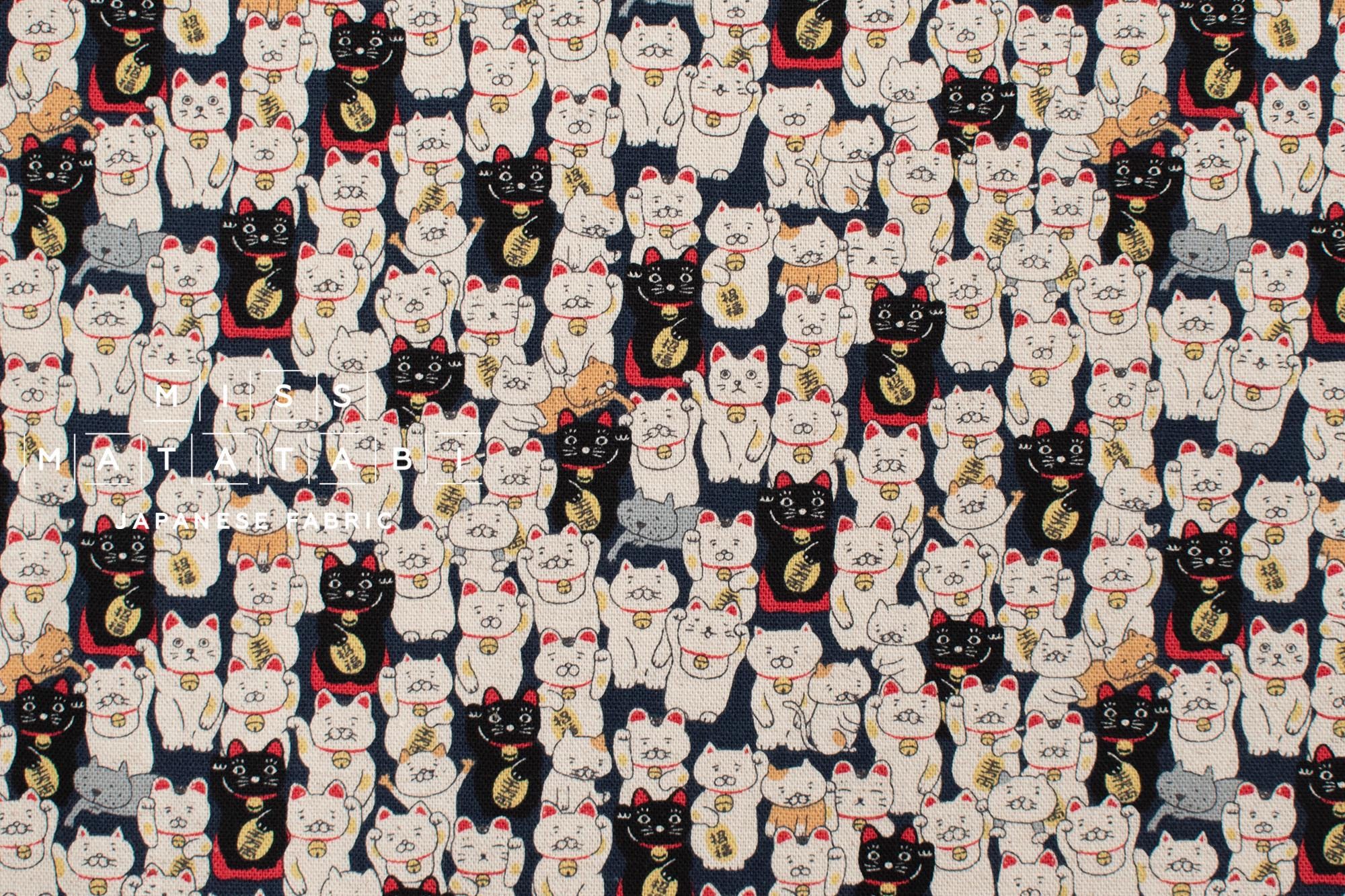 Japanese Fabric Gotokuji Temple Maneko Neko Cats - dark blue - 50cm