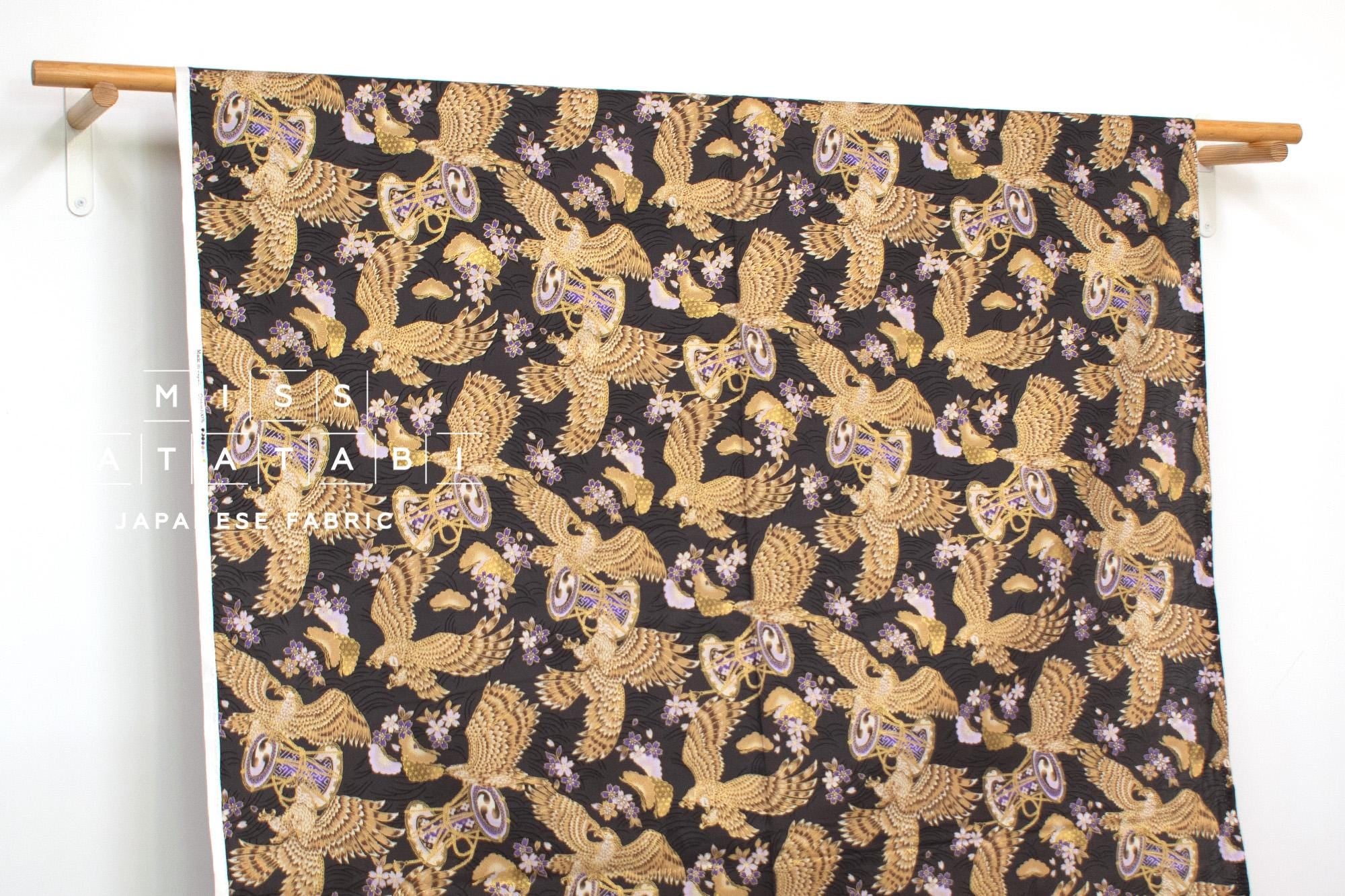 Japanese Fabric Hawk and Sakura - charcoal, metallic gold - 50cm