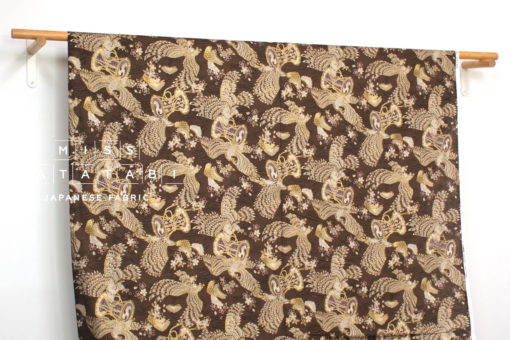 Japanese Fabric Hawk and Sakura - brown, metallic gold - 50cm