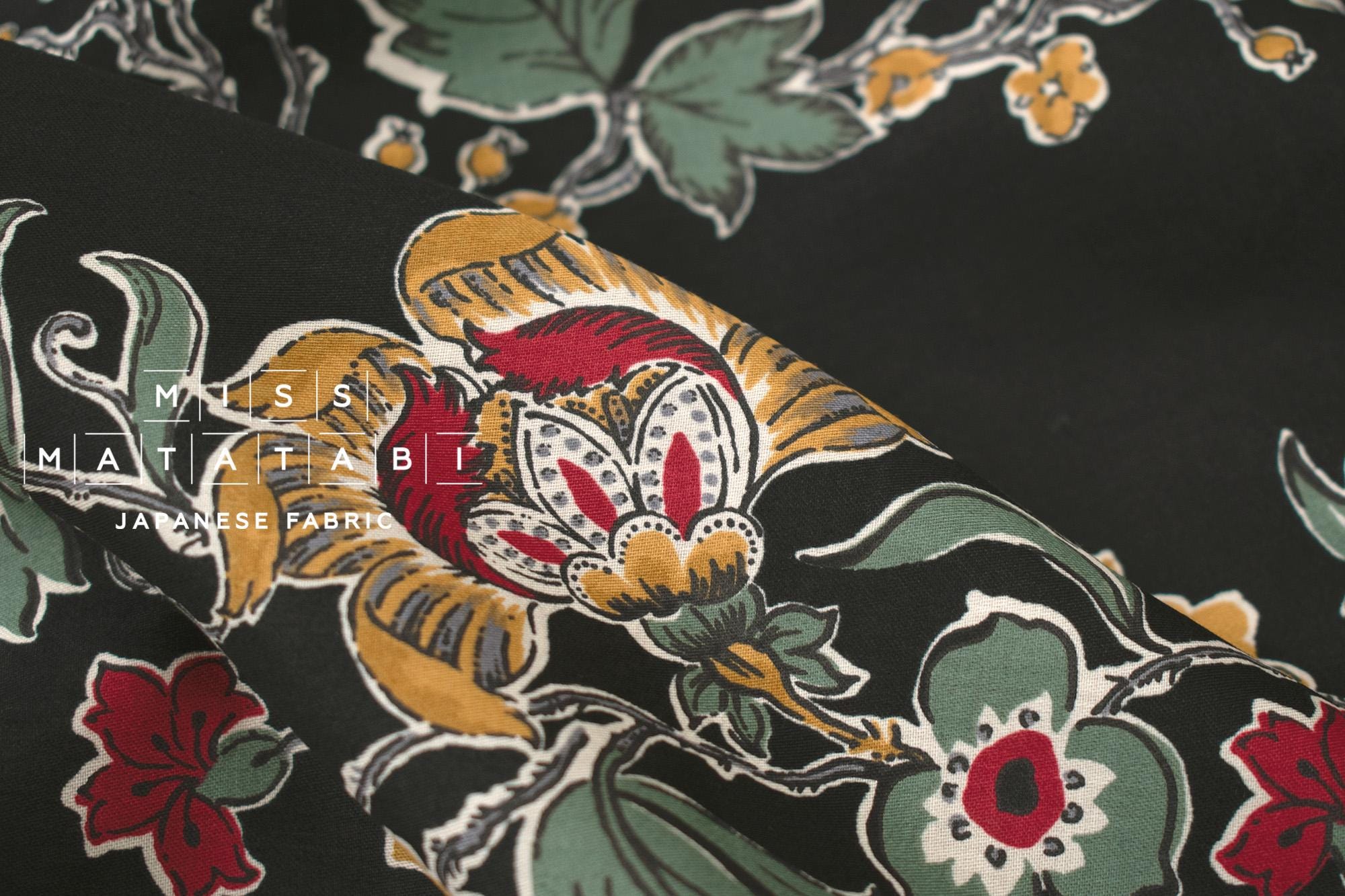 Japanese Fabric Trailing Floral - black - 50cm