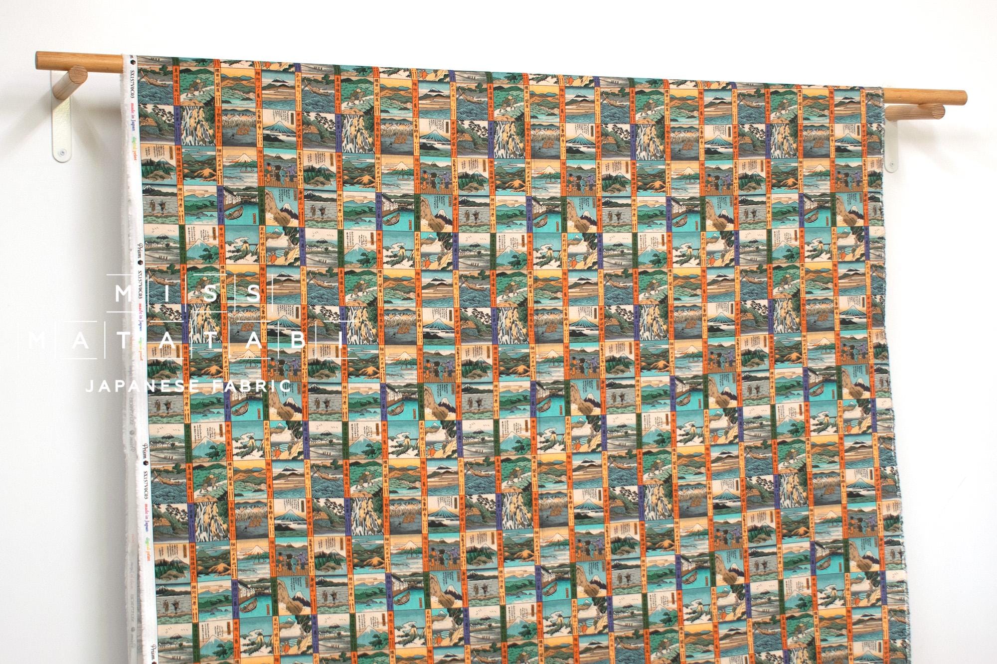 Japanese Fabric Traditional Post Towns - orange, green - 50cm