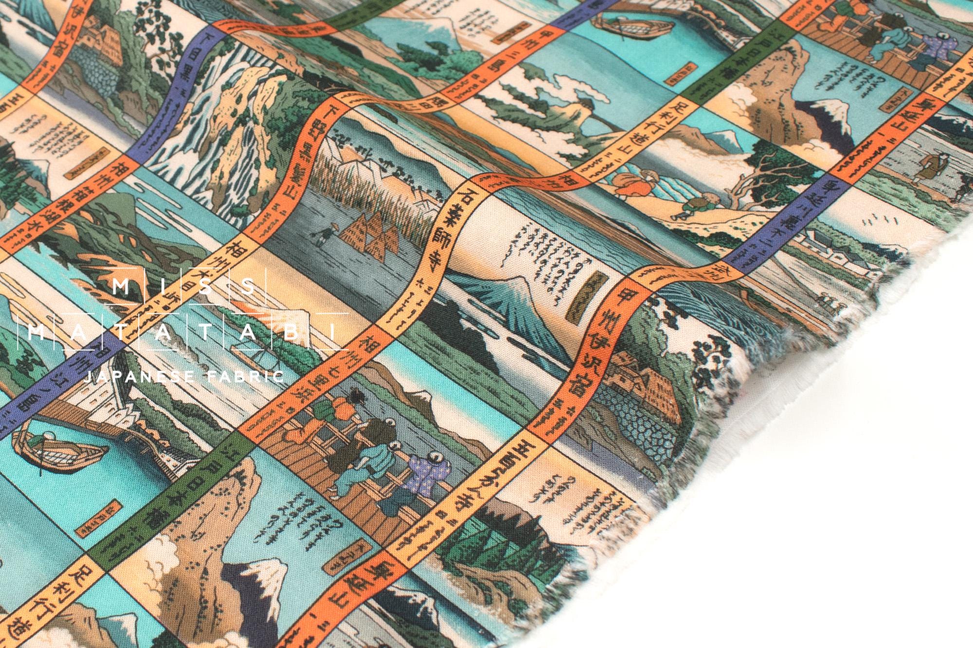 Japanese Fabric Traditional Post Towns - orange, green - 50cm