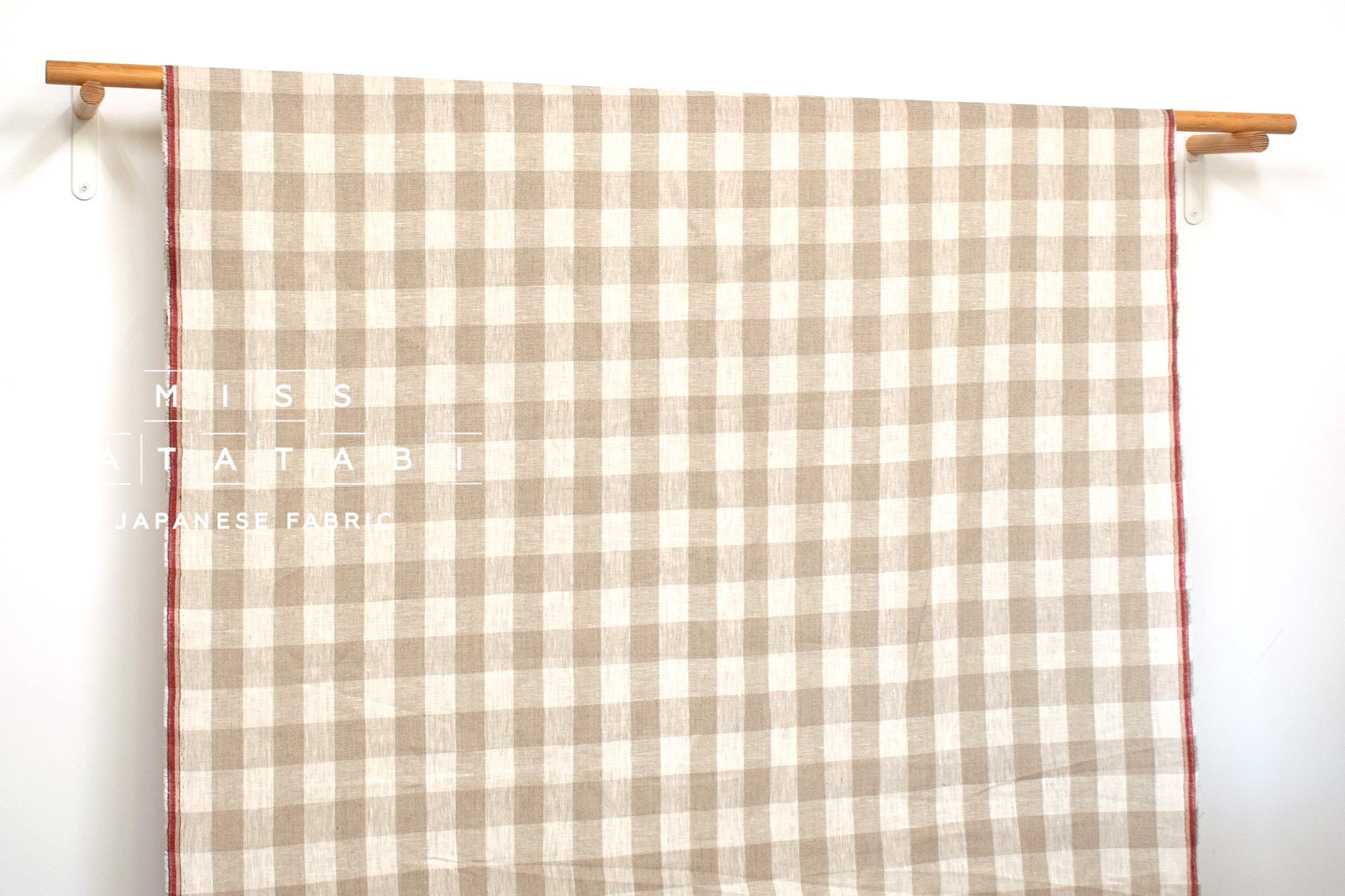 DEADSTOCK Japanese Fabric Yarn-dyed 100% Linen Large Check with Red Selvedge - 50cm