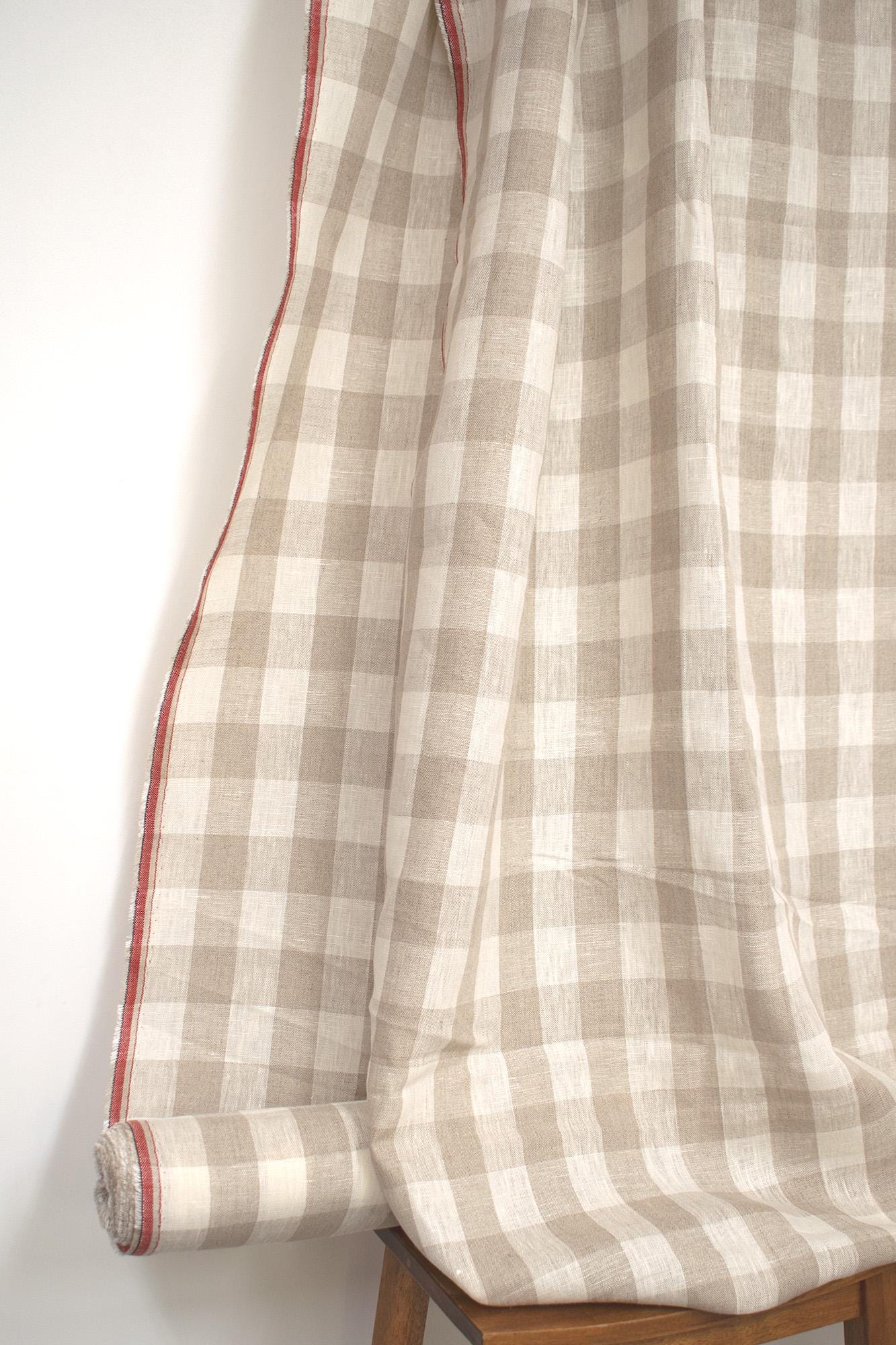 DEADSTOCK Japanese Fabric Yarn-dyed 100% Linen Large Check with Red Selvedge - 50cm