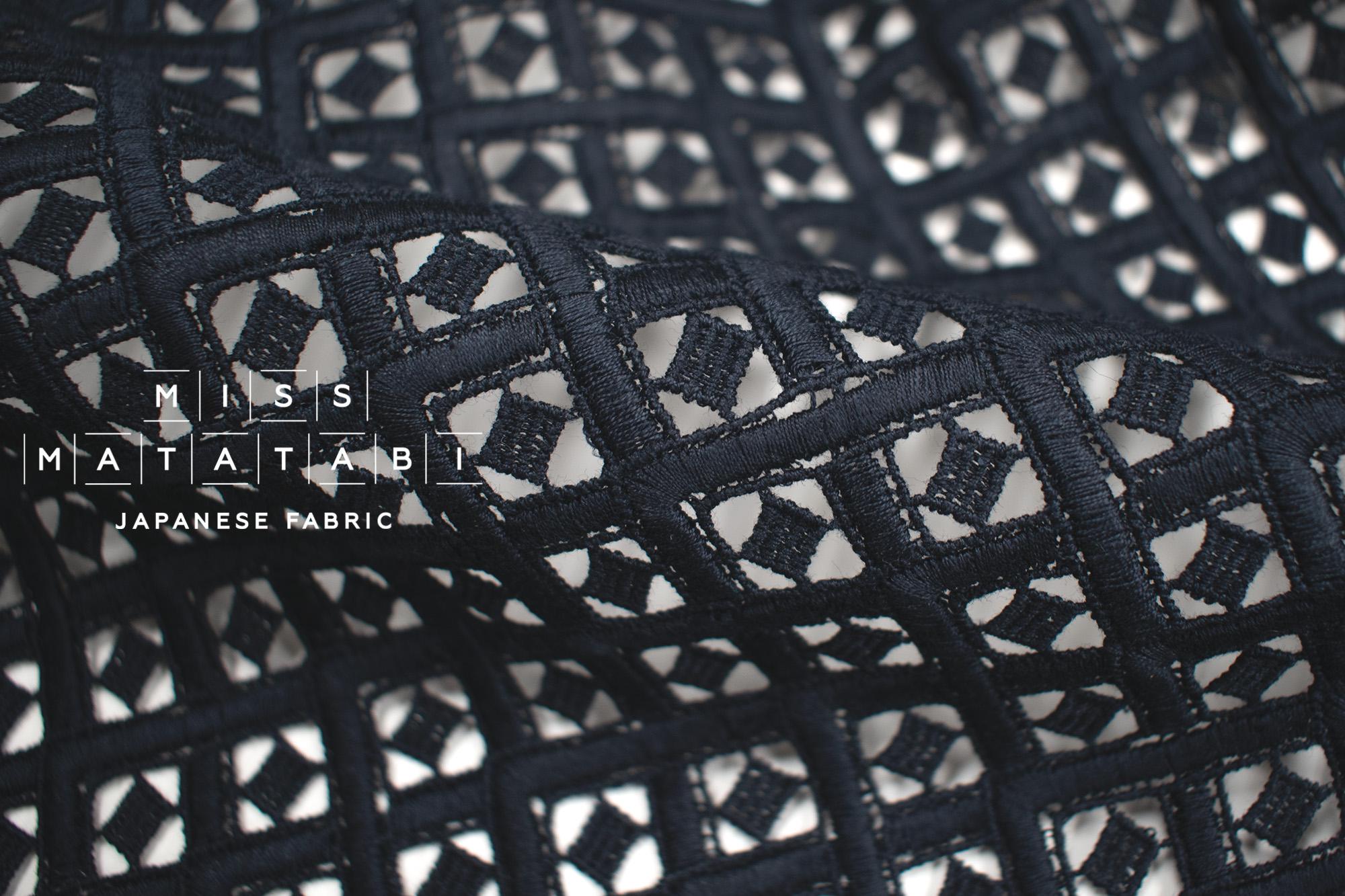 Japanese Embroidered Cotton Lace Fabric - dark navy - 50cm