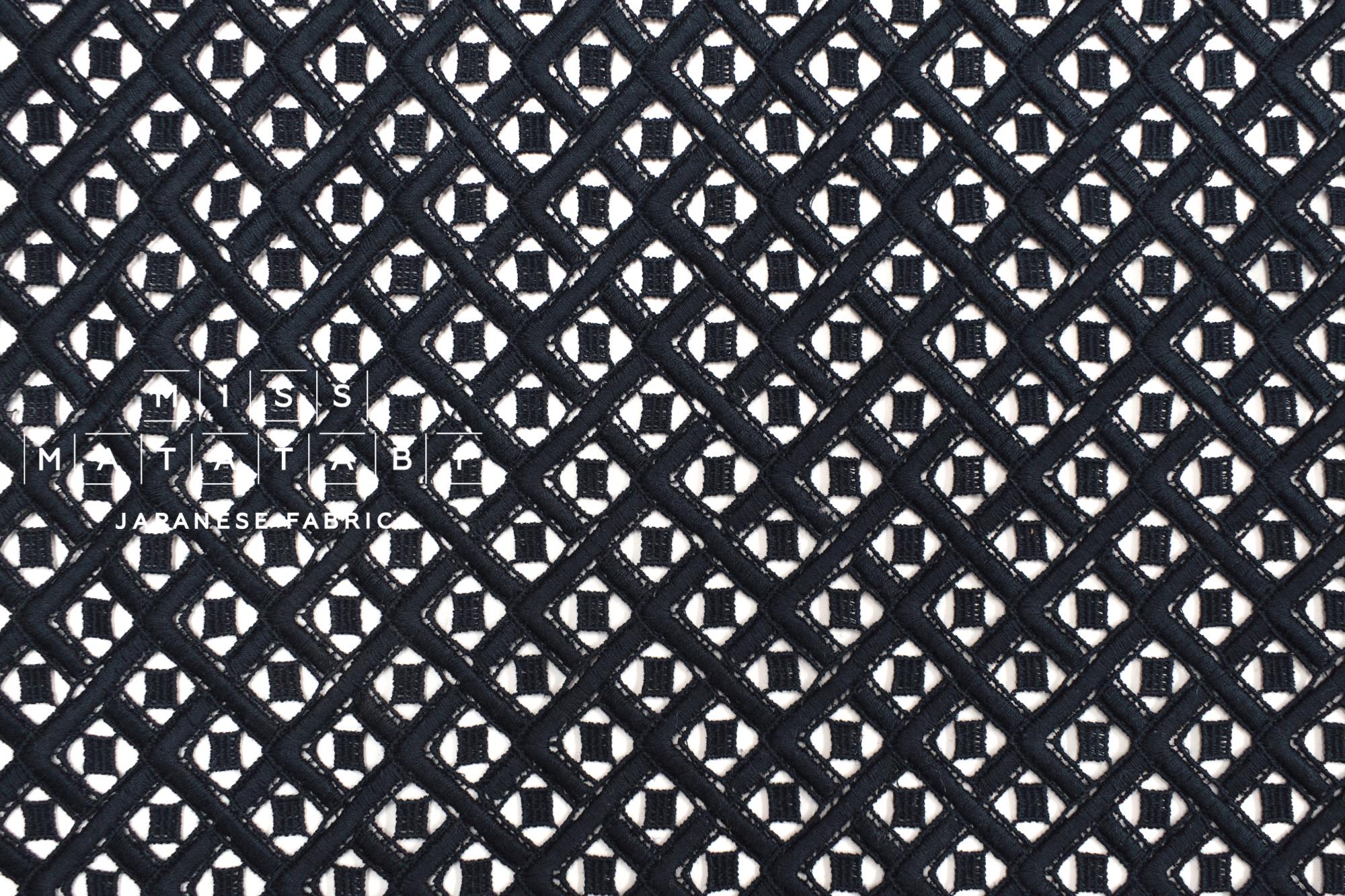 Japanese Embroidered Cotton Lace Fabric - dark navy - 50cm