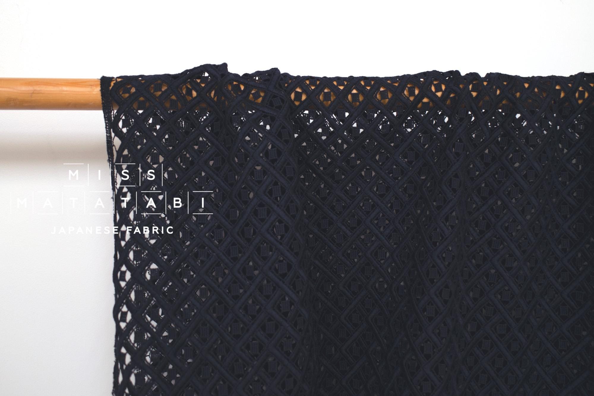 Japanese Embroidered Cotton Lace Fabric - dark navy - 50cm