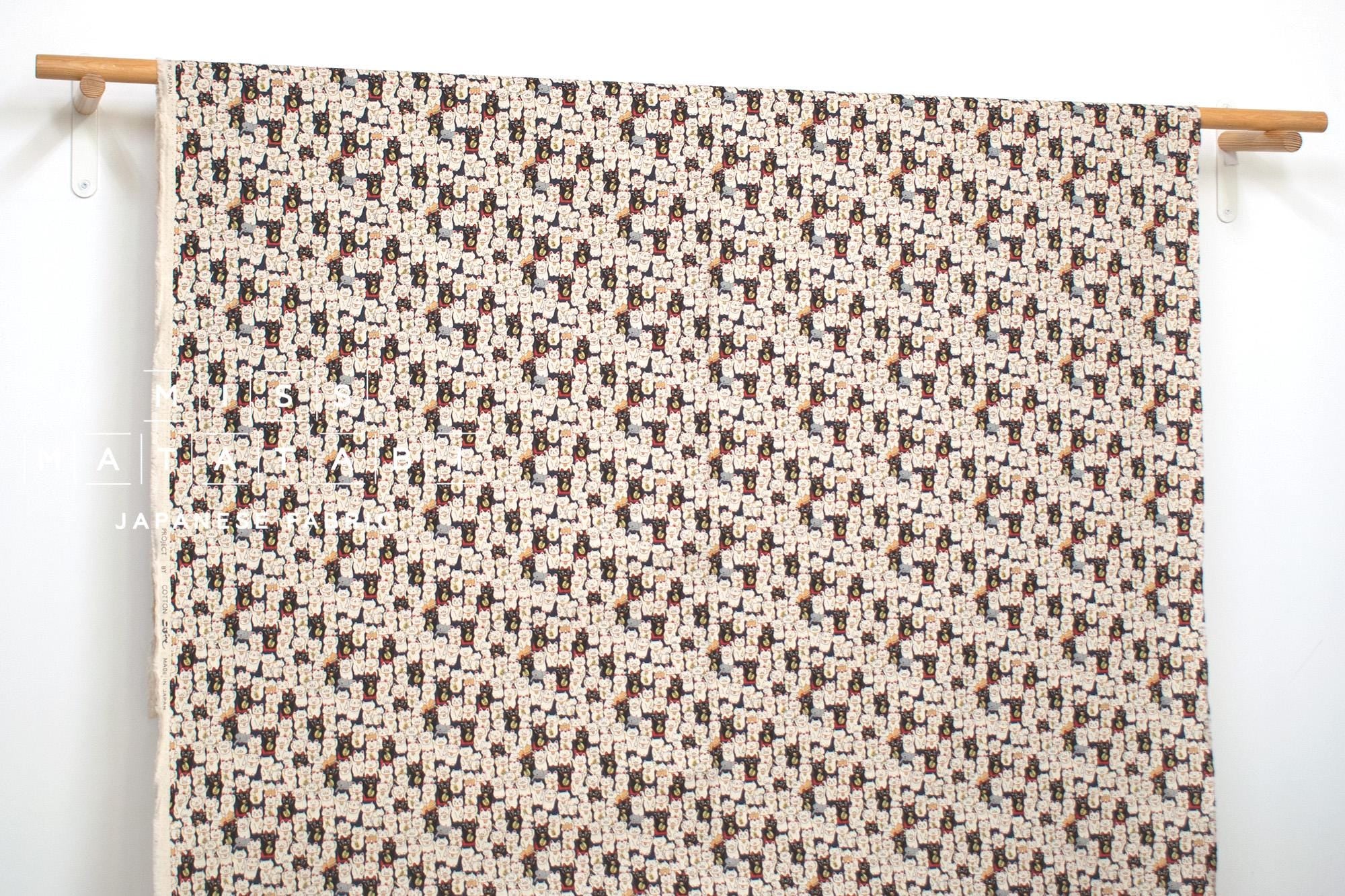Japanese Fabric Gotokuji Temple Maneko Neko Cats - dark blue - 50cm