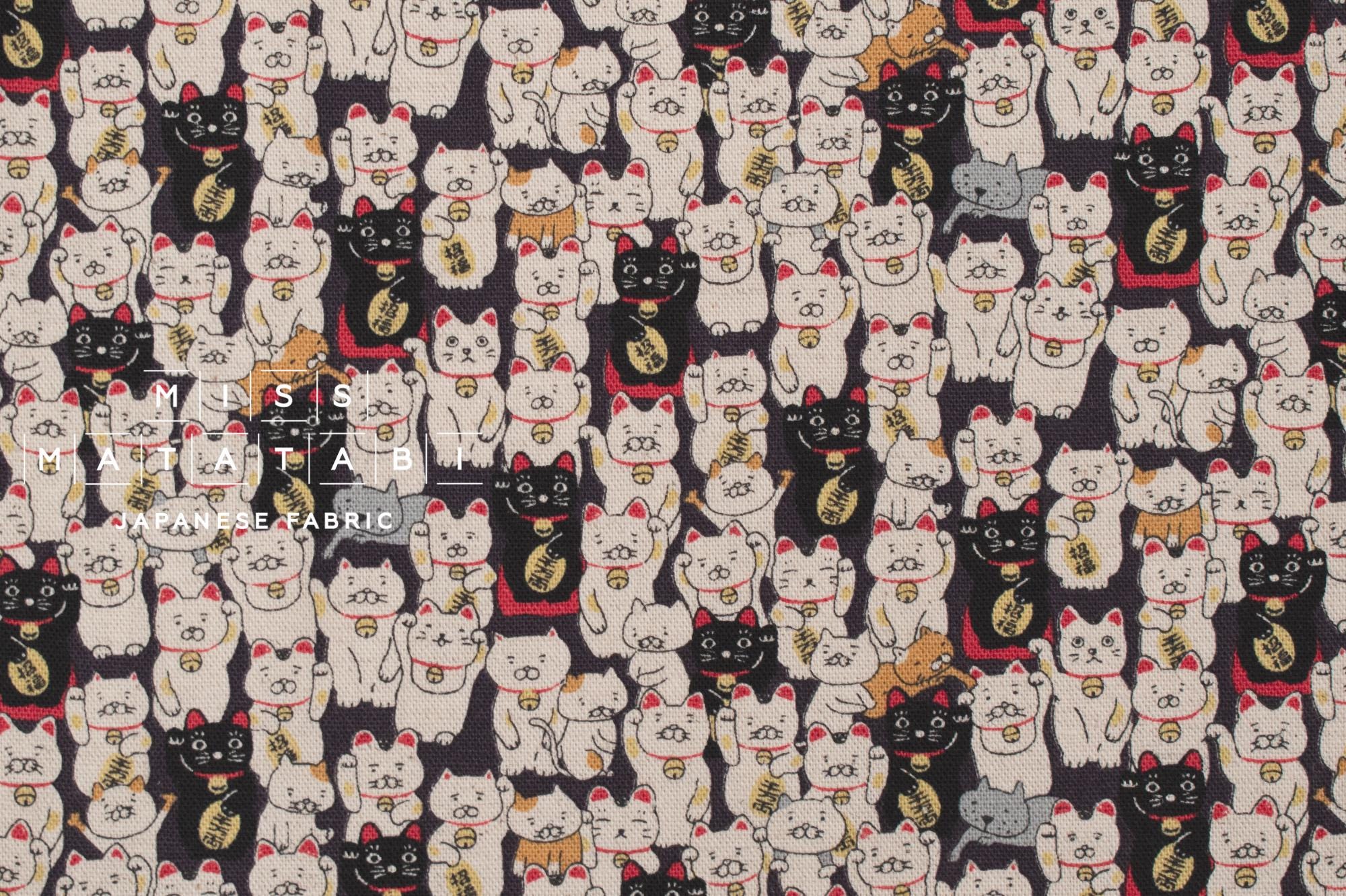 Japanese Fabric Gotokuji Temple Maneko Neko Cats - dark grape - 50cm