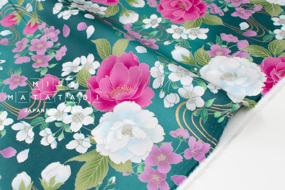 Japanese Fabric Showa Floral - green, metallic gold - 50cm