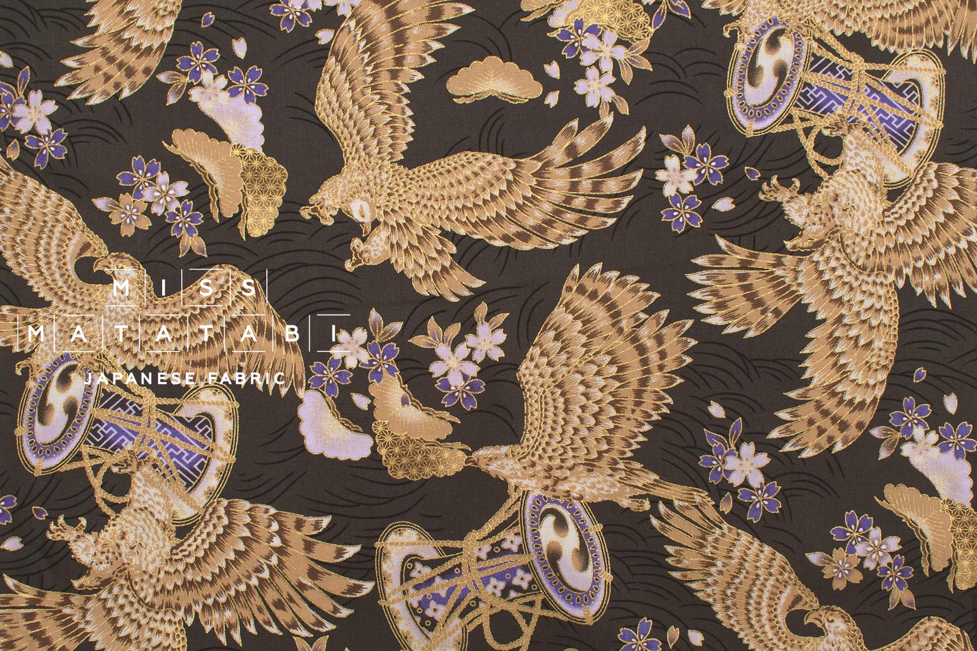 Japanese Fabric Hawk and Sakura - charcoal, metallic gold - 50cm