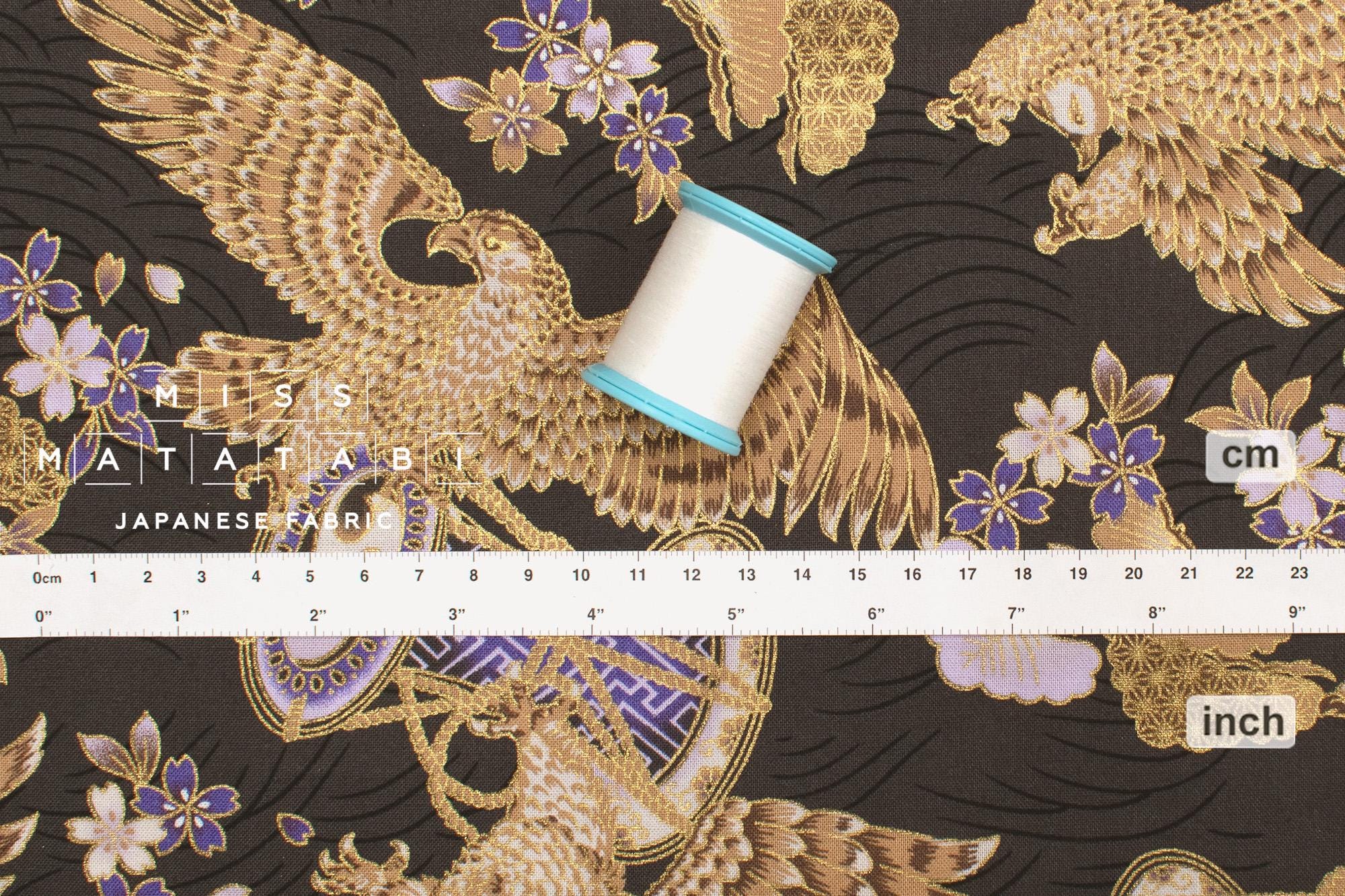 Japanese Fabric Hawk and Sakura - charcoal, metallic gold - 50cm