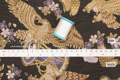 Japanese Fabric Hawk and Sakura - charcoal, metallic gold - 50cm