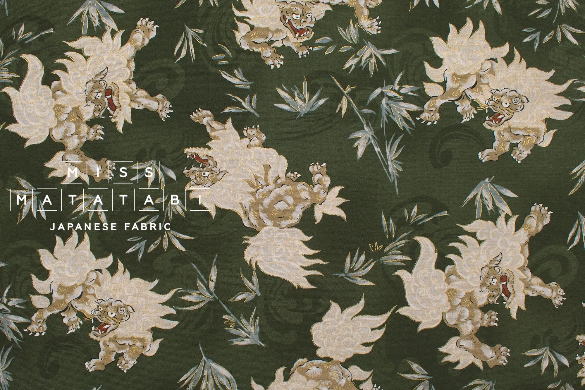 Japanese Fabric Komainu - green, metallic gold - 50cm