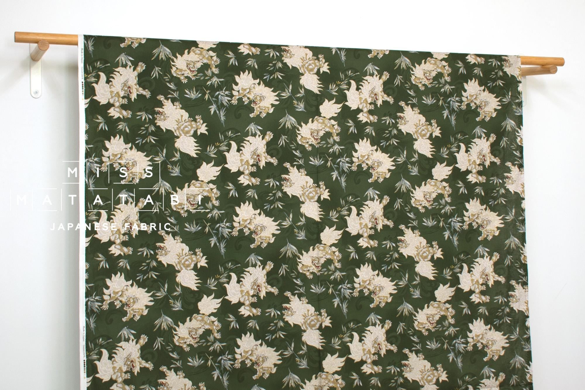 Japanese Fabric Komainu - green, metallic gold - 50cm