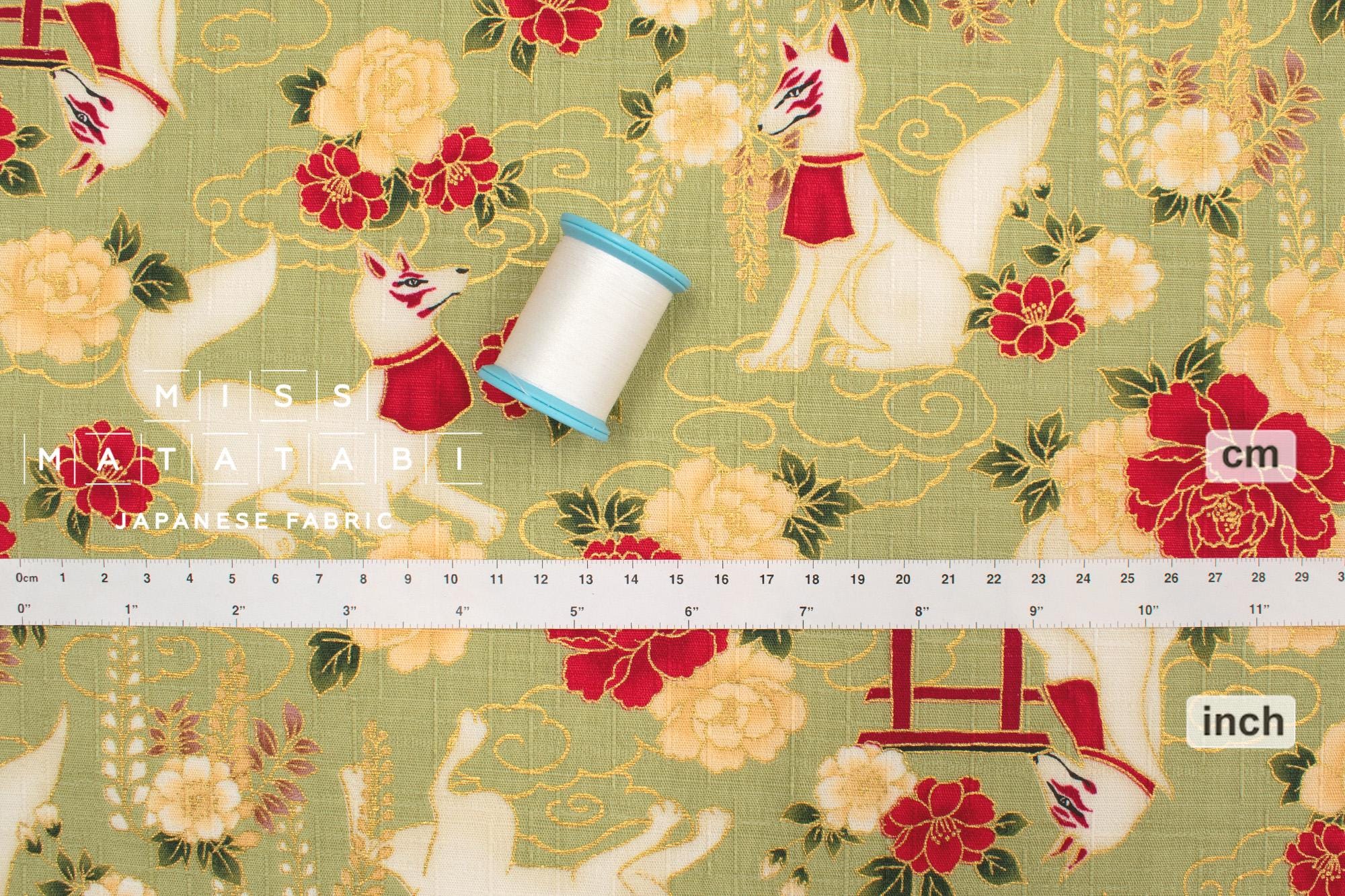 Japanese Fabric Fushimi Inari Fox - green, metallic gold - 50cm