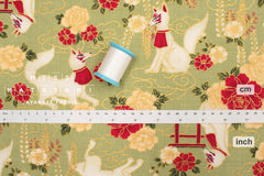 Japanese Fabric Fushimi Inari Fox - green, metallic gold - 50cm