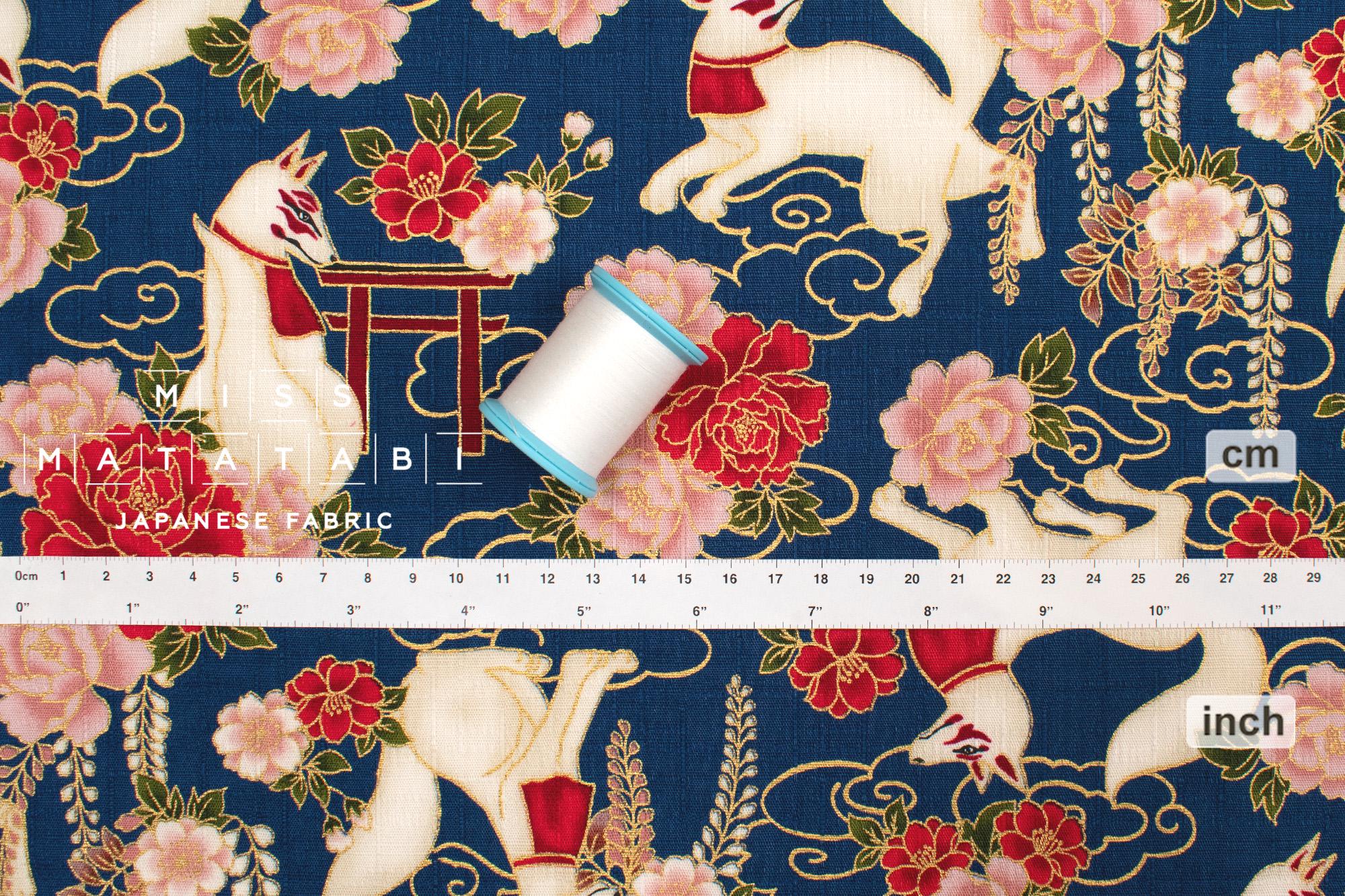Japanese Fabric Fushimi Inari Fox - blue, metallic gold - 50cm