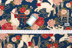 Japanese Fabric Fushimi Inari Fox - blue, metallic gold - 50cm