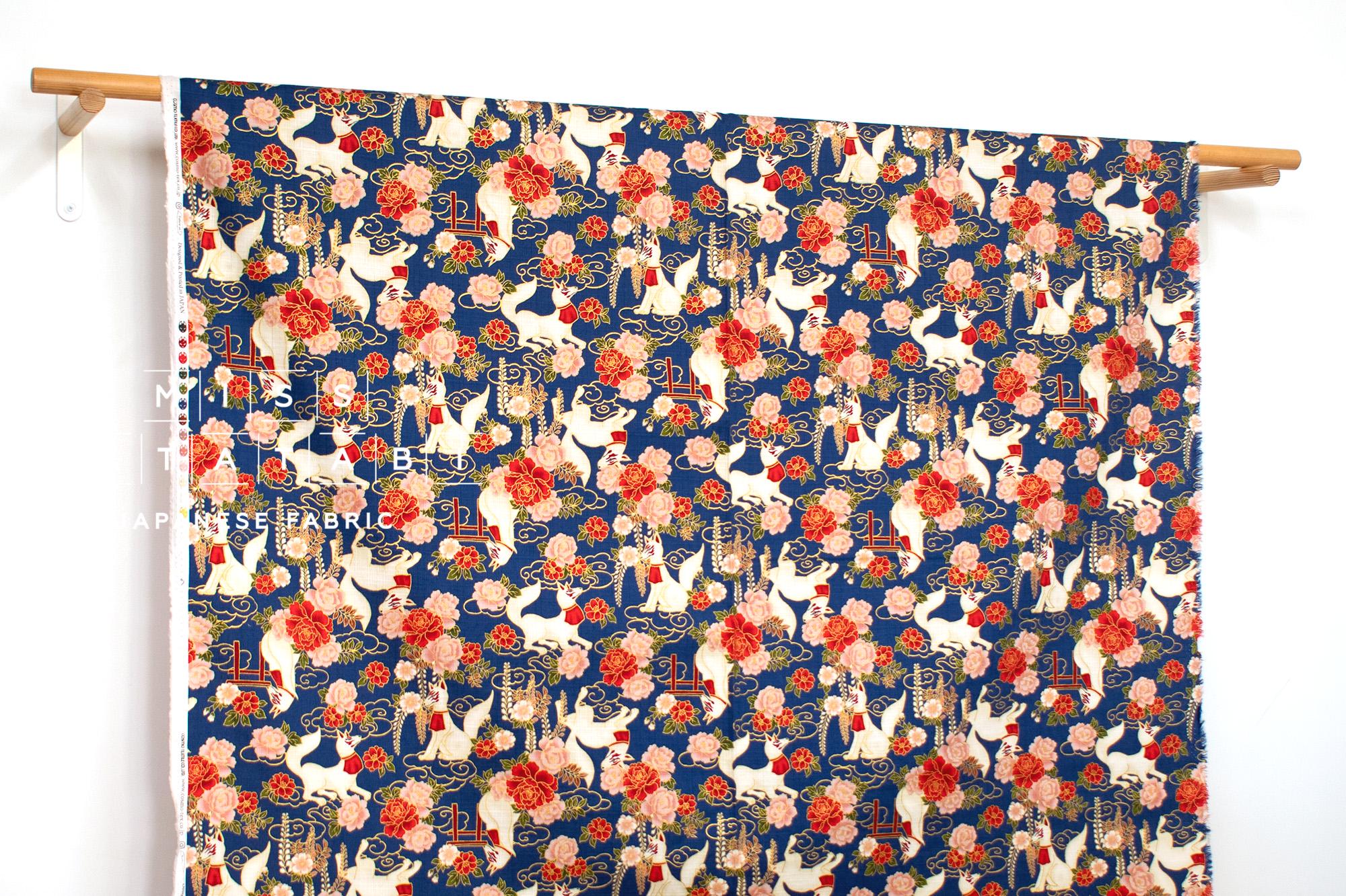 Japanese Fabric Fushimi Inari Fox - blue, metallic gold - 50cm