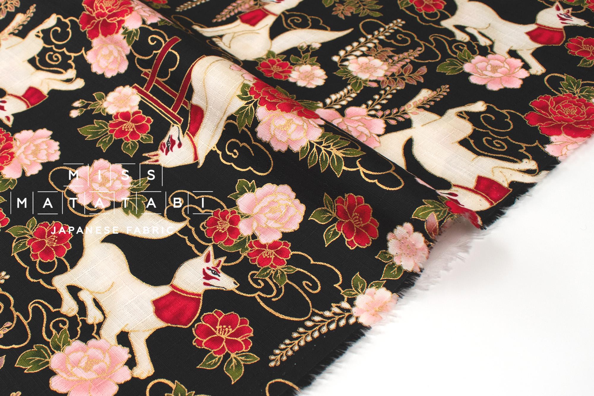 Japanese Fabric Fushimi Inari Fox - black, metallic gold - 50cm