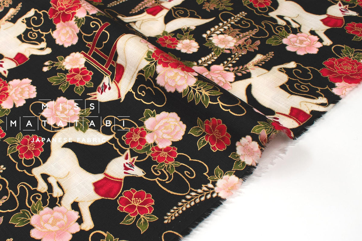 Japanese Fabric Fushimi Inari Fox - black, metallic gold - 50cm