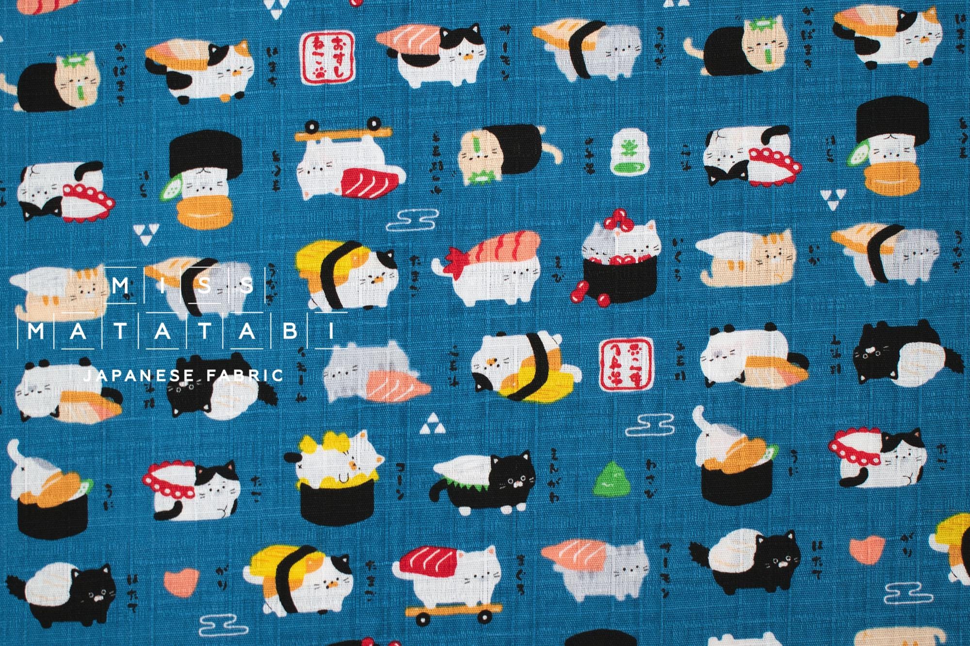 Japanese Fabric Neko Sushi - blue - 50cm