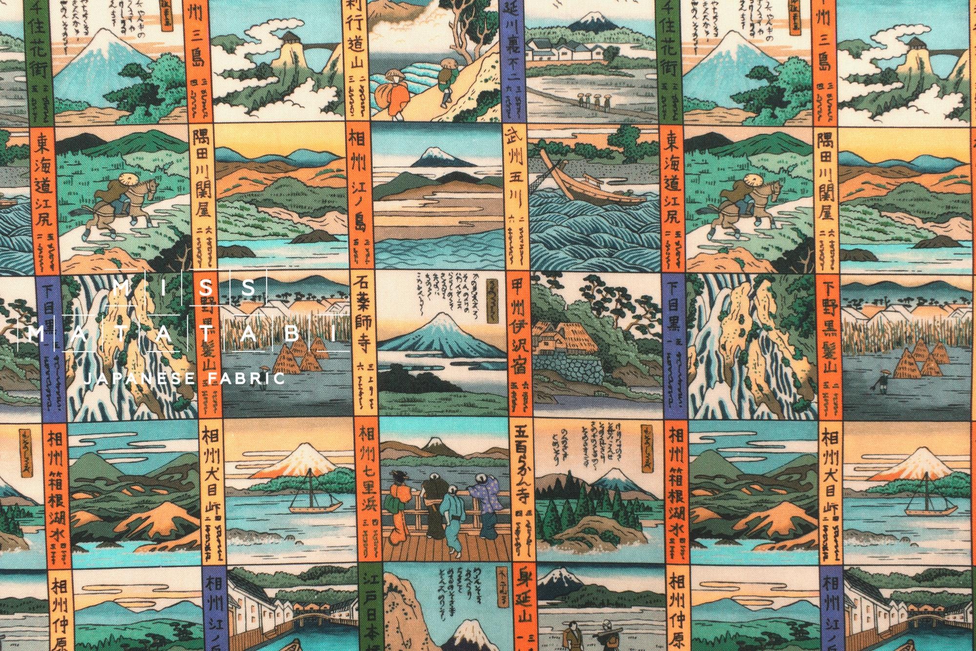 Japanese Fabric Traditional Post Towns - orange, green - 50cm