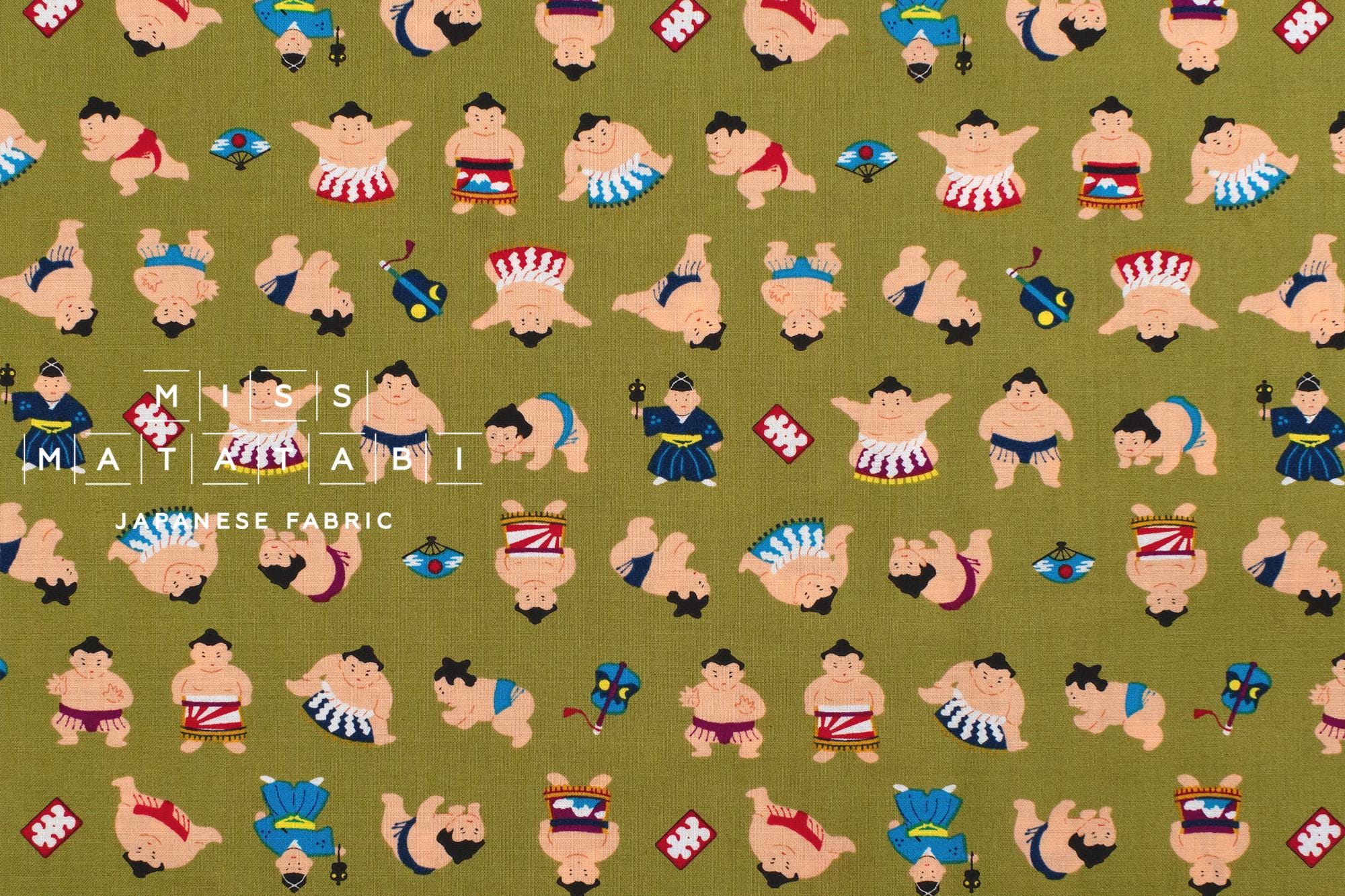 Japanese Fabric Little Sumo Wrestlers - olive - 50cm