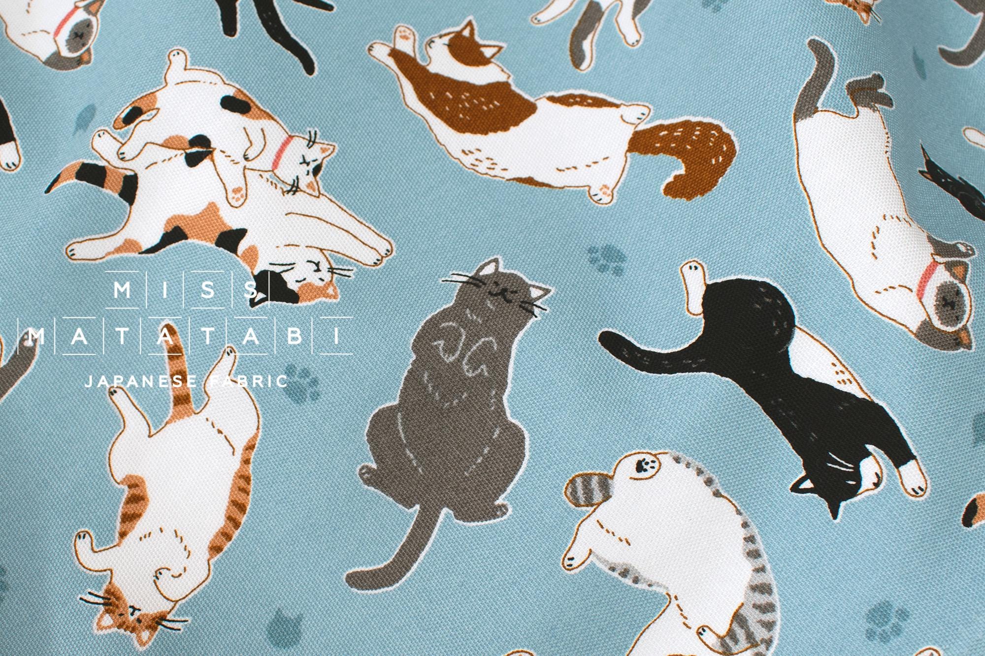 Japanese Fabric Oyako Cats - light blue - 50cm