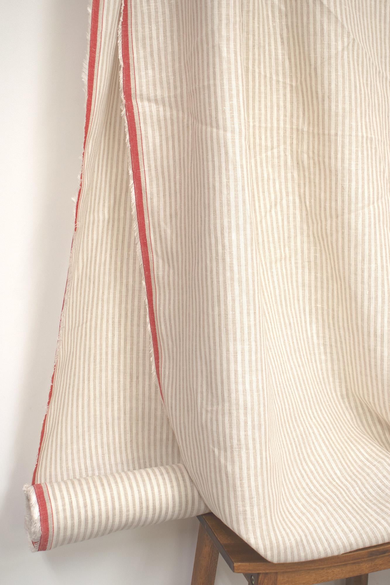 DEADSTOCK Japanese Fabric Yarn-dyed 100% Linen Stripes with Red Selvedge - 50cm