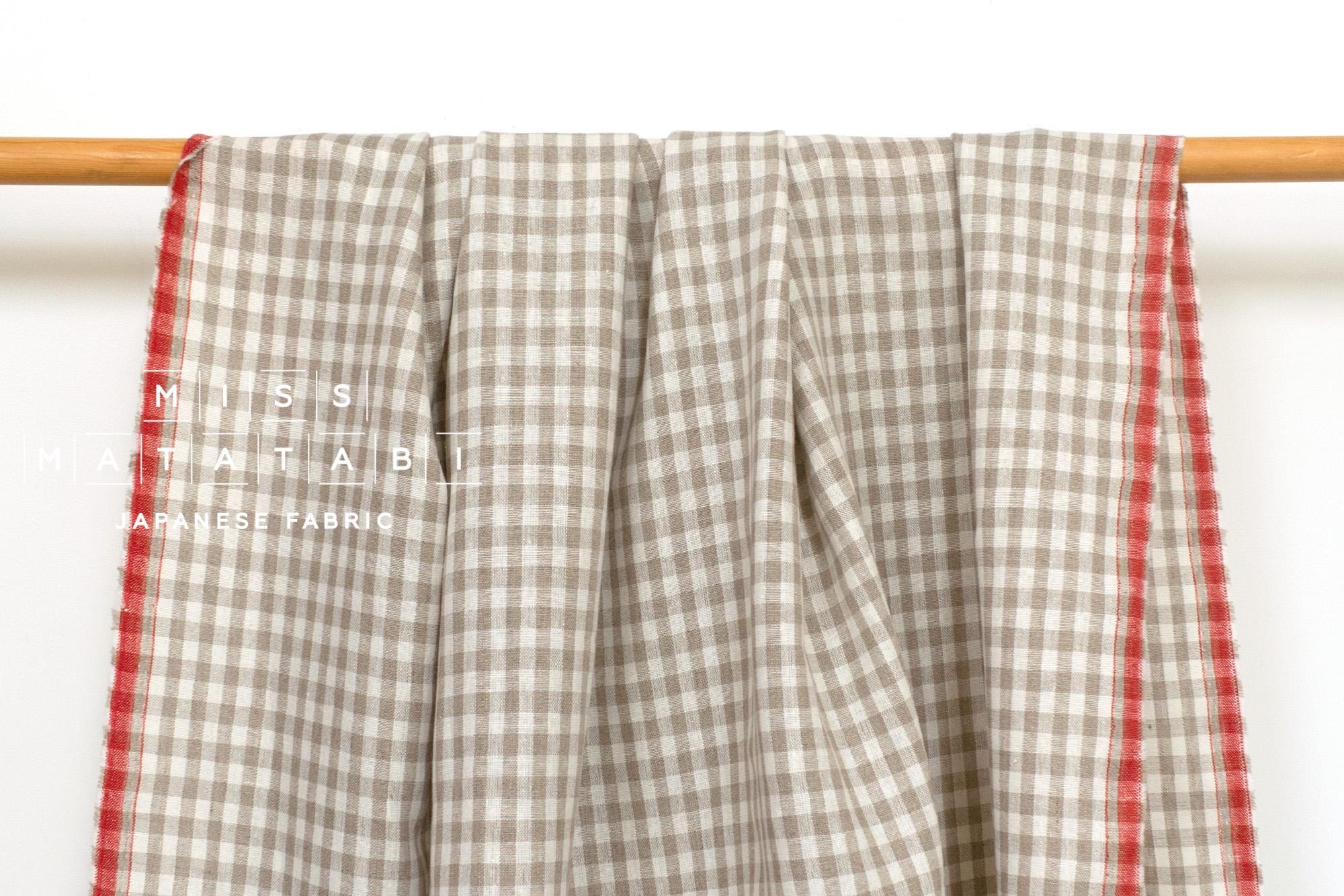 DEADSTOCK Japanese Fabric Yarn-dyed 100% Linen Small Check with Red Selvedge - 50cm