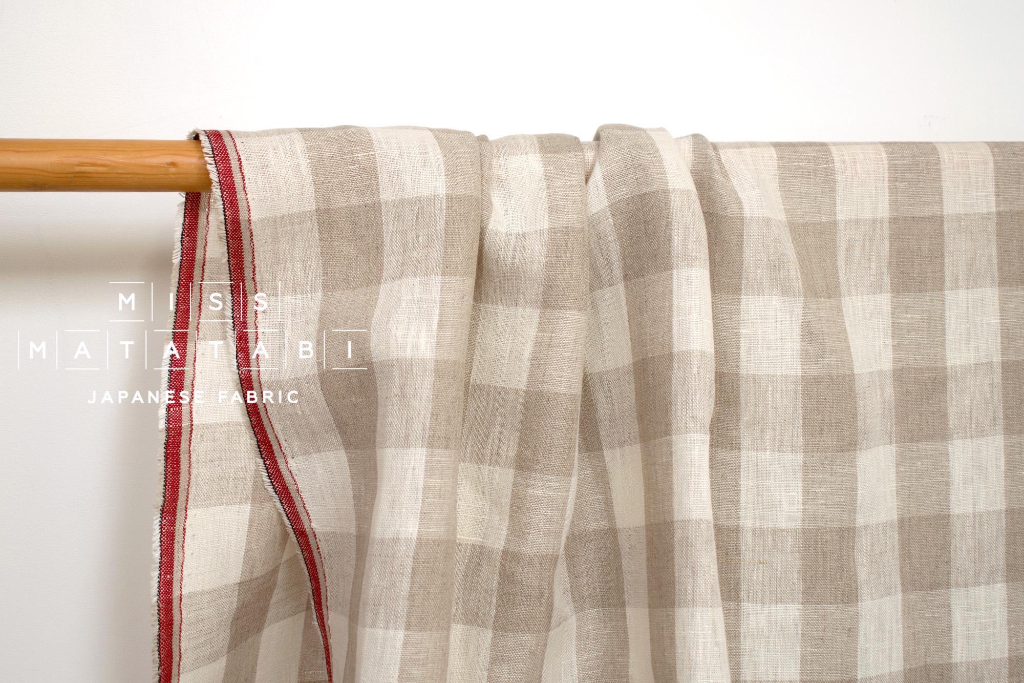 DEADSTOCK Japanese Fabric Yarn-dyed 100% Linen Large Check with Red Selvedge - 50cm