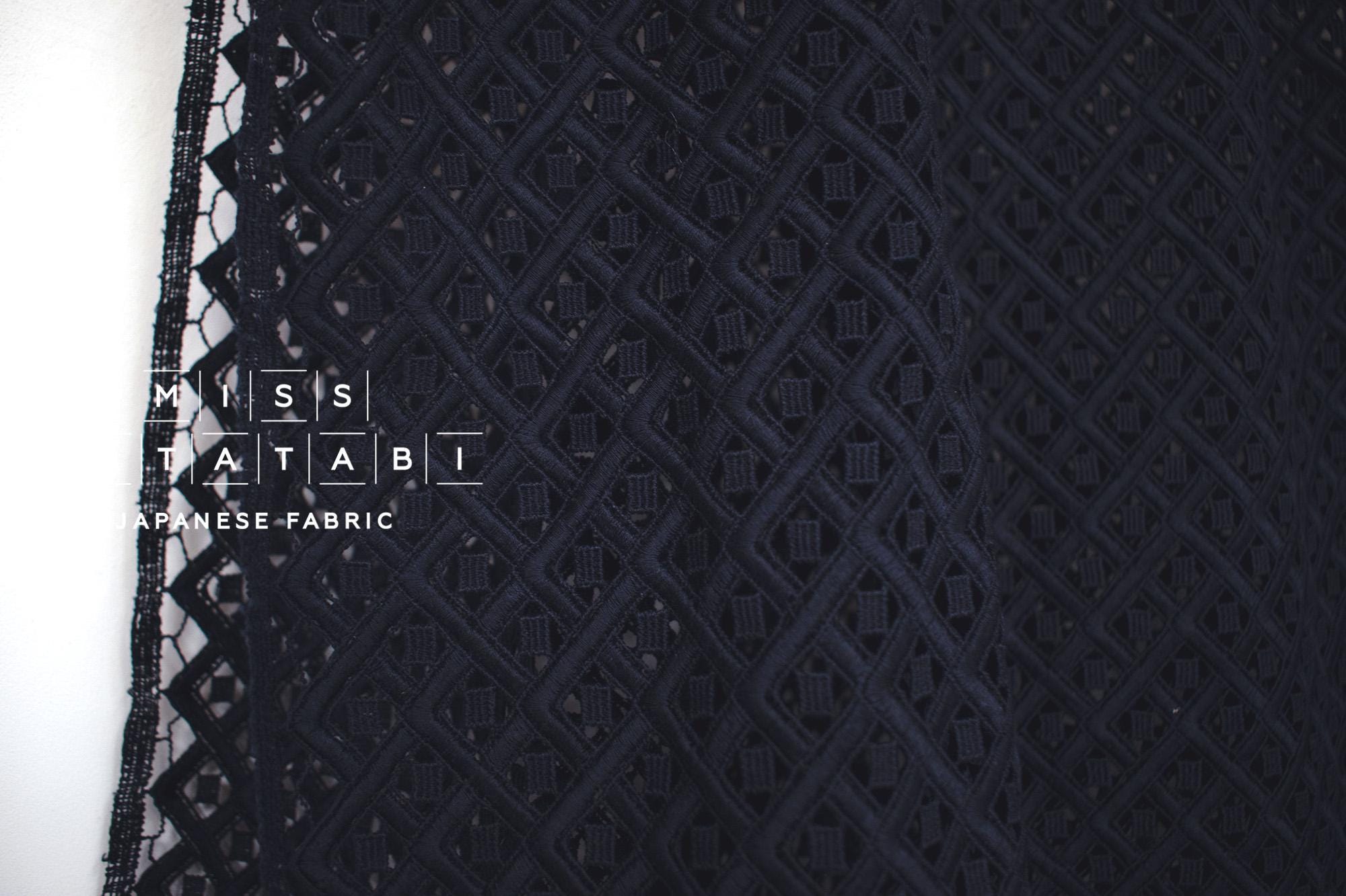 Japanese Embroidered Cotton Lace Fabric - dark navy - 50cm