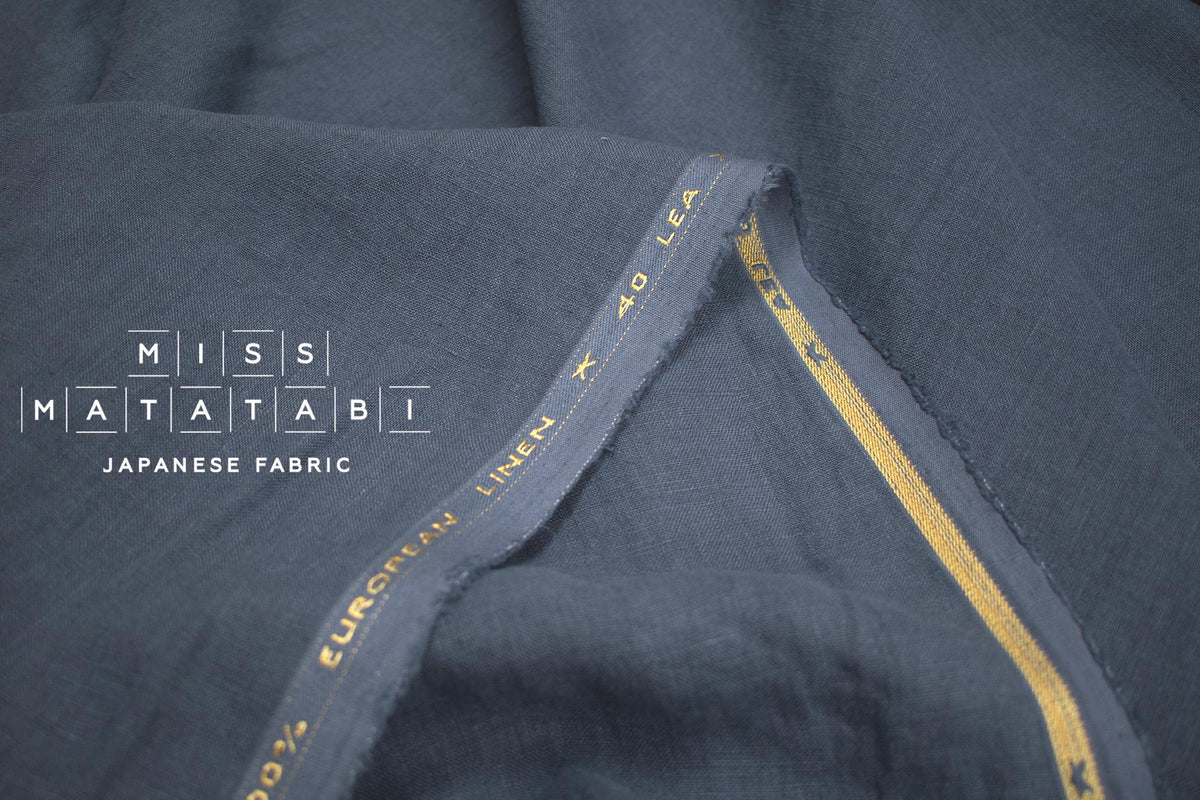 DEADSTOCK Japanese Fabric Shokunin Collection Orihimedaki Washed Linen - blue charcoal - 50cm