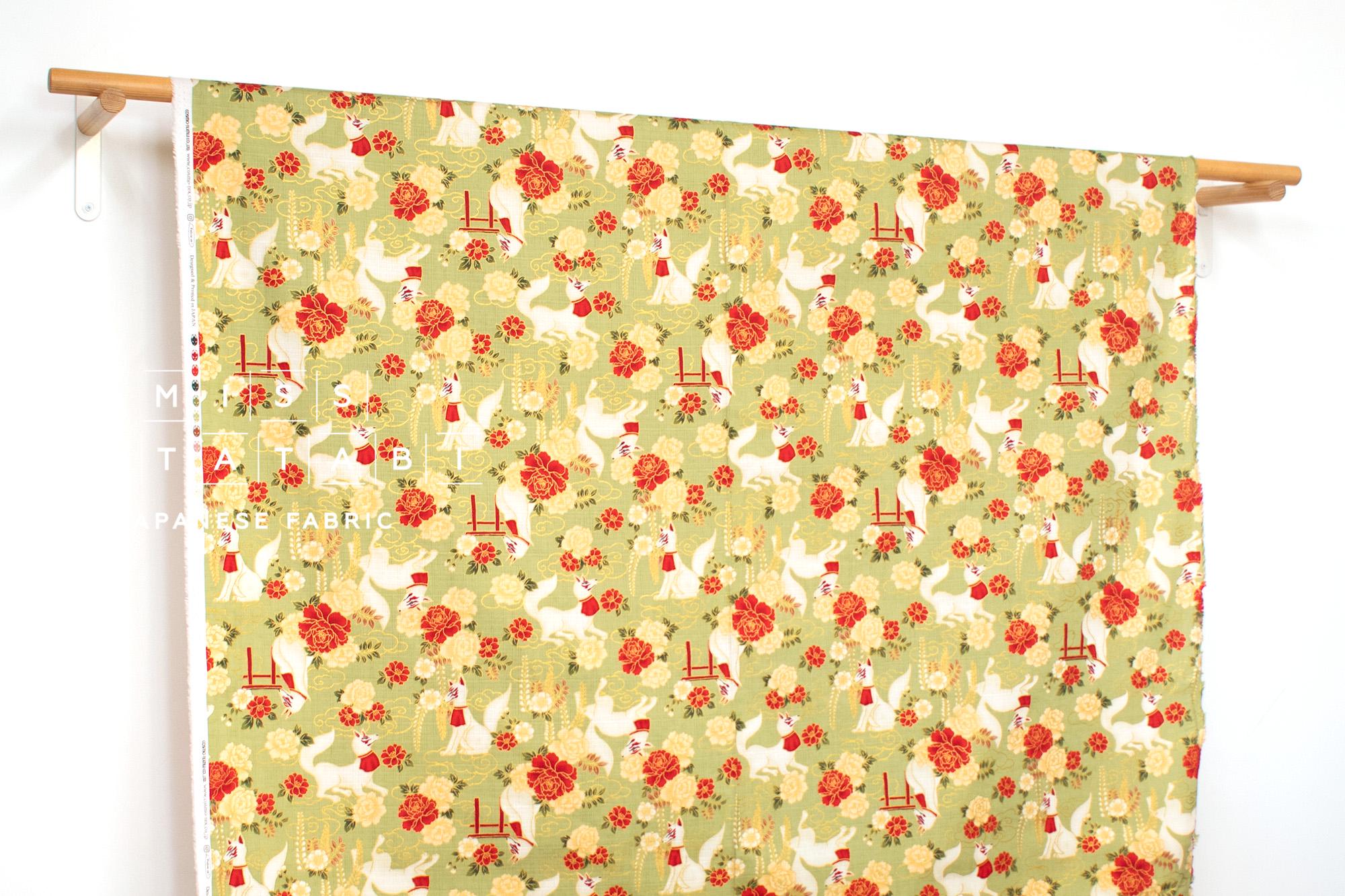 Japanese Fabric Fushimi Inari Fox - green, metallic gold - 50cm