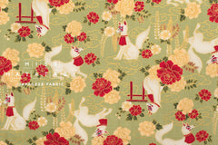 Japanese Fabric Fushimi Inari Fox - green, metallic gold - 50cm